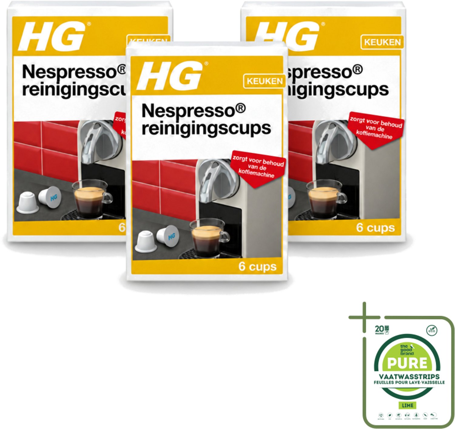 3 x HG - Nespresso Reinigingscups - Verwijdert Grondig Vet & Aanslag - 6 Reinigingscups - Grootverpakking - Vaatwasstrips - Nespresso Reinigen - Koffie Reinigen - Koffie Cuphouder Reinigen - Koffievet Reinigen - Koffie Smaak Behouden