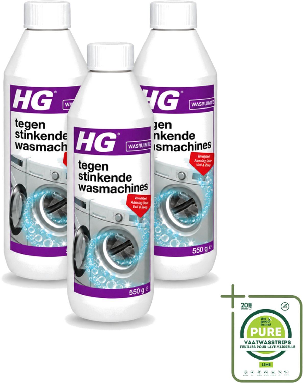 3 x HG - Tegen Stinkende Was - Verwijdert Aanslag Door Vuil & Zeep - 550 g - Grootverpakking - Vaatwasstrips - Wasmachine Reiniger - Stinkende Wasmachine - Wasmachine Aanslag - Wasmachine Vuil - Wasmachine Geur