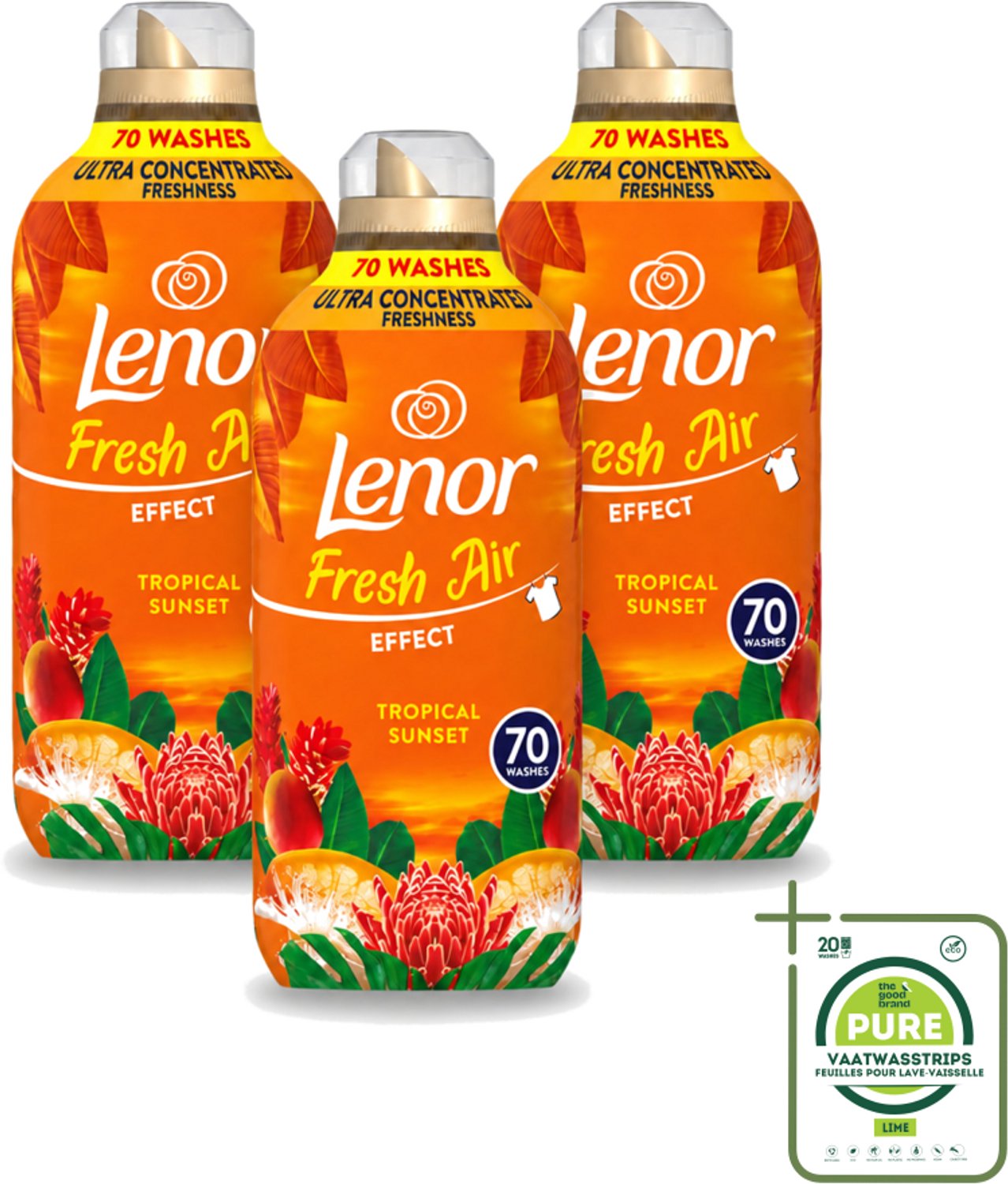 3 x Lenor – Wasverzachter – Tropical Sunset – 70 Wasbeurten – 980 ml - Grootverpakking - Vaatwasstrips - Wasverzachter - Frisse Geur - Zomerse Geur - Tropische Geur - SolarDry