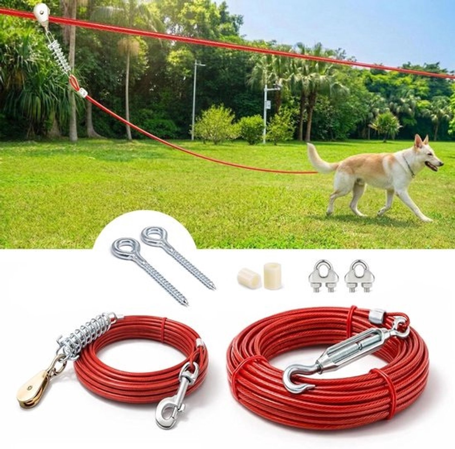 Hondenlijn Trolley Systeem - Honden Zipline - Veilig Buiten Spelen - Schokabsorberende Veer - 75 voet - Rood
