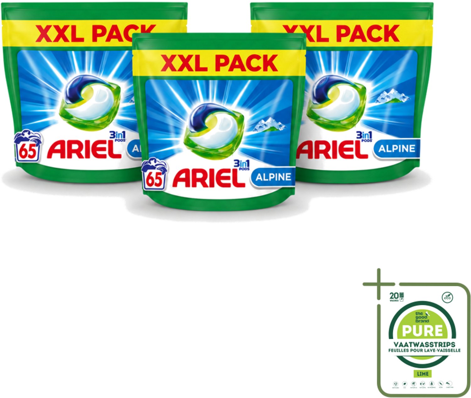 3 x Ariel – Pods 3in1 – Alpine – 1319 g – 65 wasbeurten - Grootverpakking - Vaatwasstrips - Ariel Pods 3in1 Alpine - 65 Wasbeurten - Wasmiddel Pods - Reiniging - Vlekverwijdering