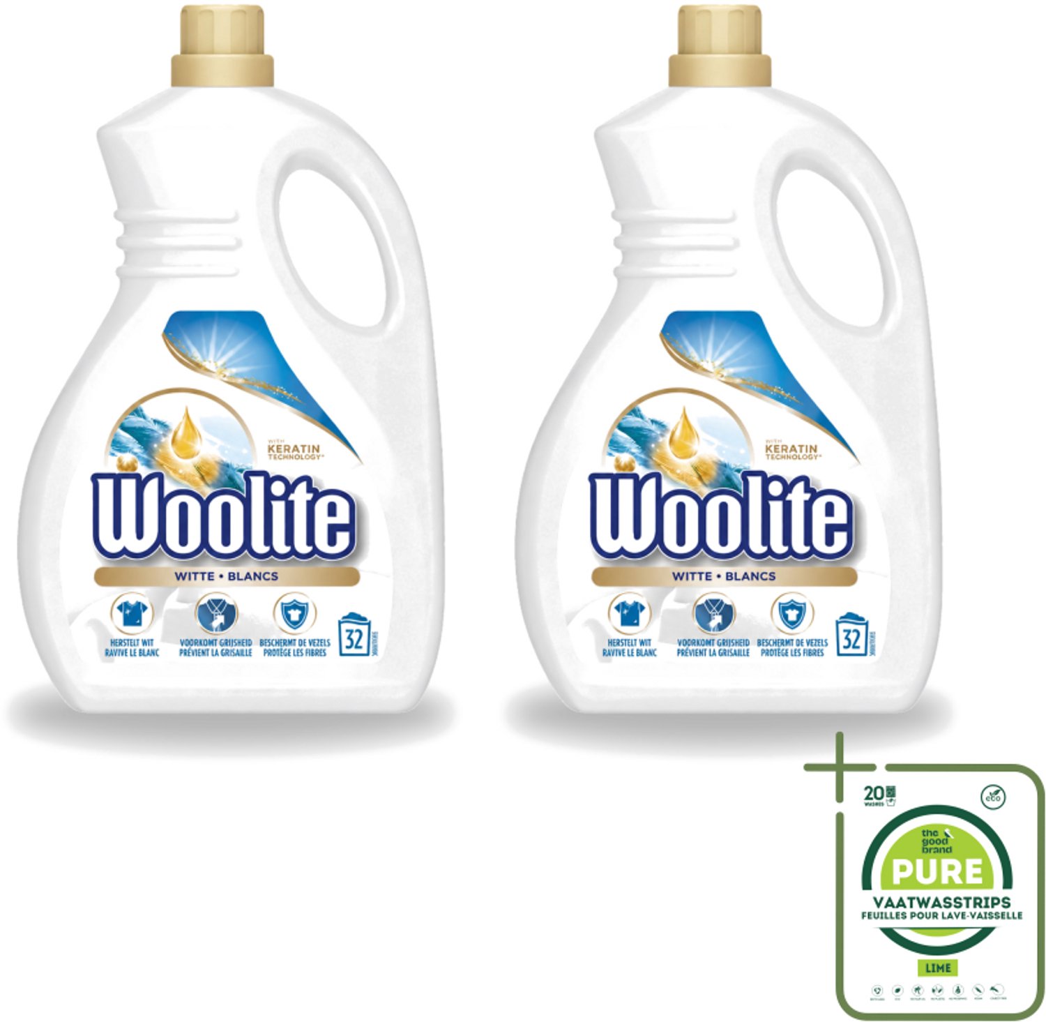 2 x Woolite White - Vloeibaar Wasmiddel - Met Keratine - Witte Was - 32 Wasbeurten - 1,9L - Grootverpakking - Vaatwasstrips - Wasmiddel Wit - Keratine Wasmiddel - Witte Was - Witte Kleding - Wasbeurten