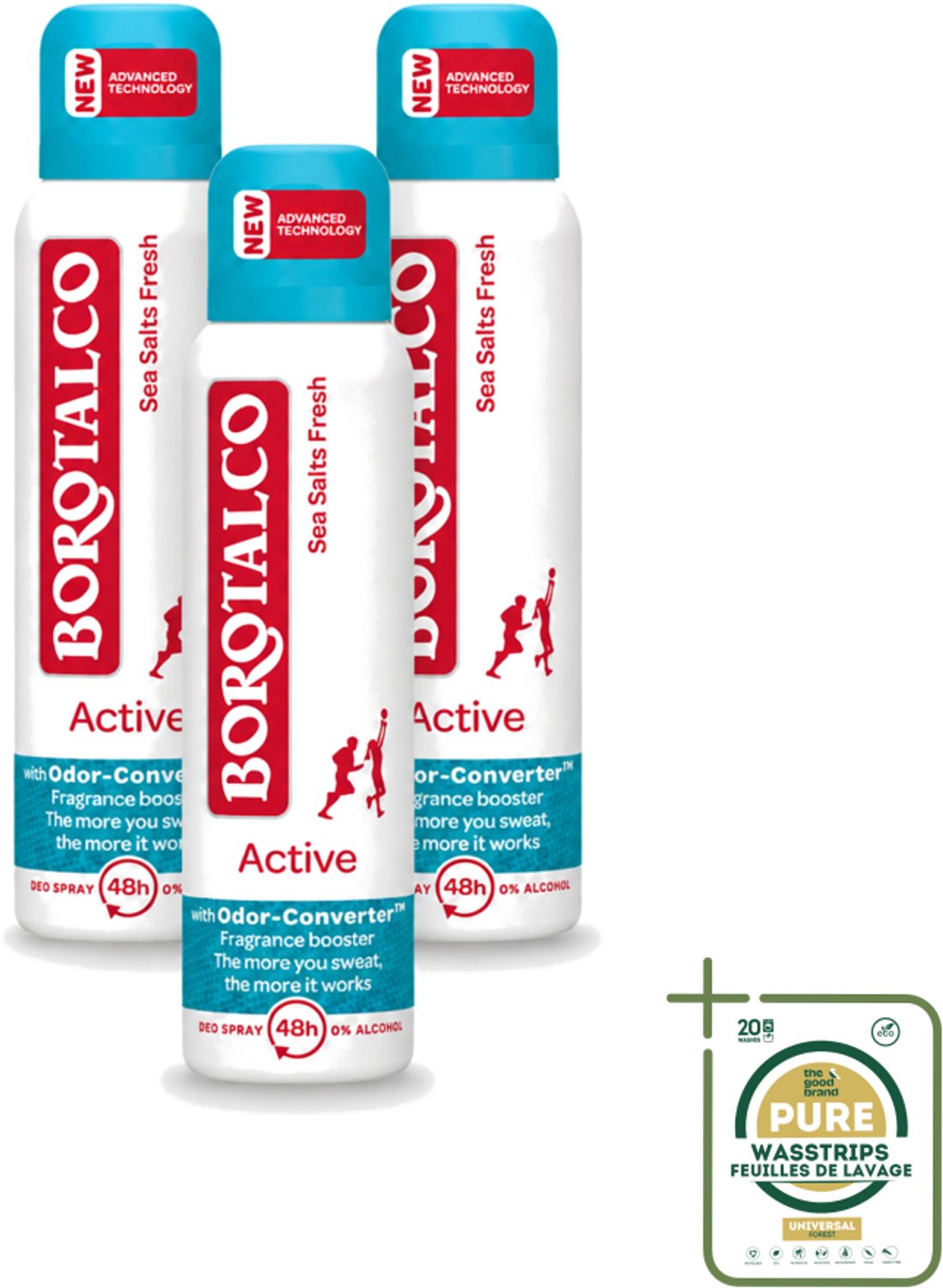 3 x Borotalco - Deodorant Spray - Active - Sea Salts Fresh - 0% Alcohol - 150 ml - Wasstrips - Zweetgeur Bestrijding - Zeezout Geur - Deodorant Spray - Frisse Geur - Gevoelige Huid