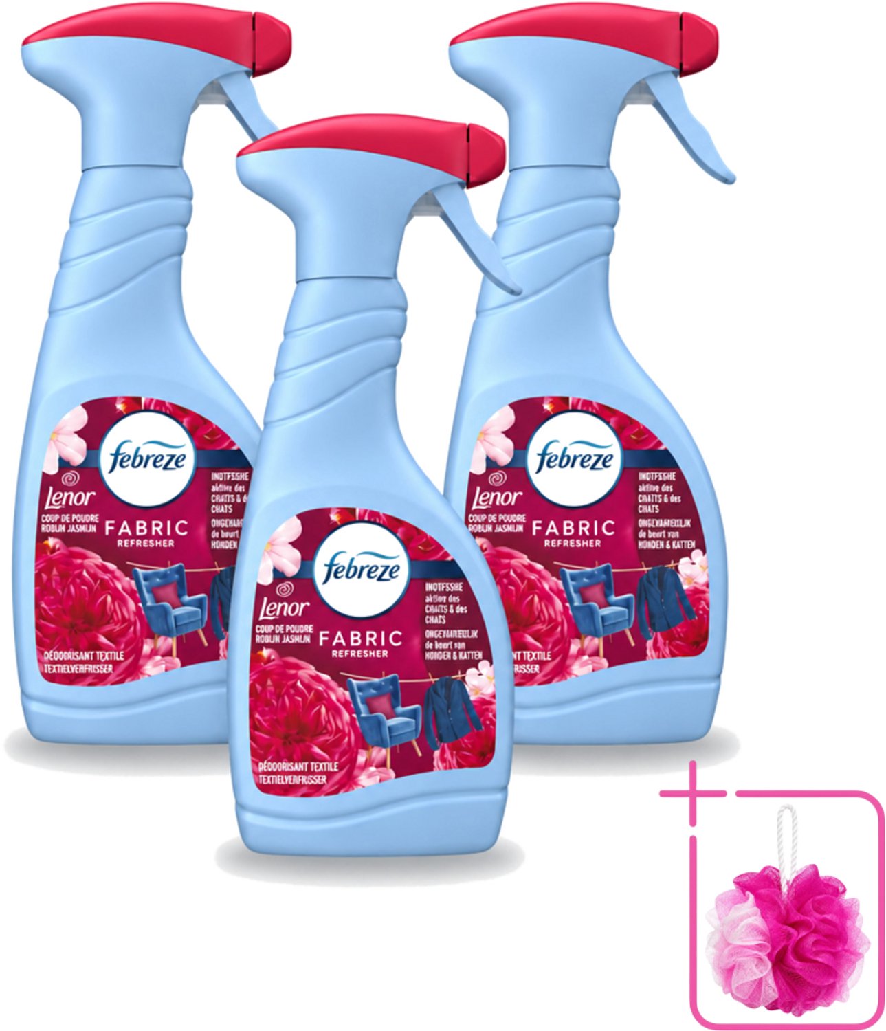 3 x Febreze – Textielspray – Robijn Jasmijn – 500 ml - Bulkverpakking - Textielverfrisser - Douchemop - Textielgeur