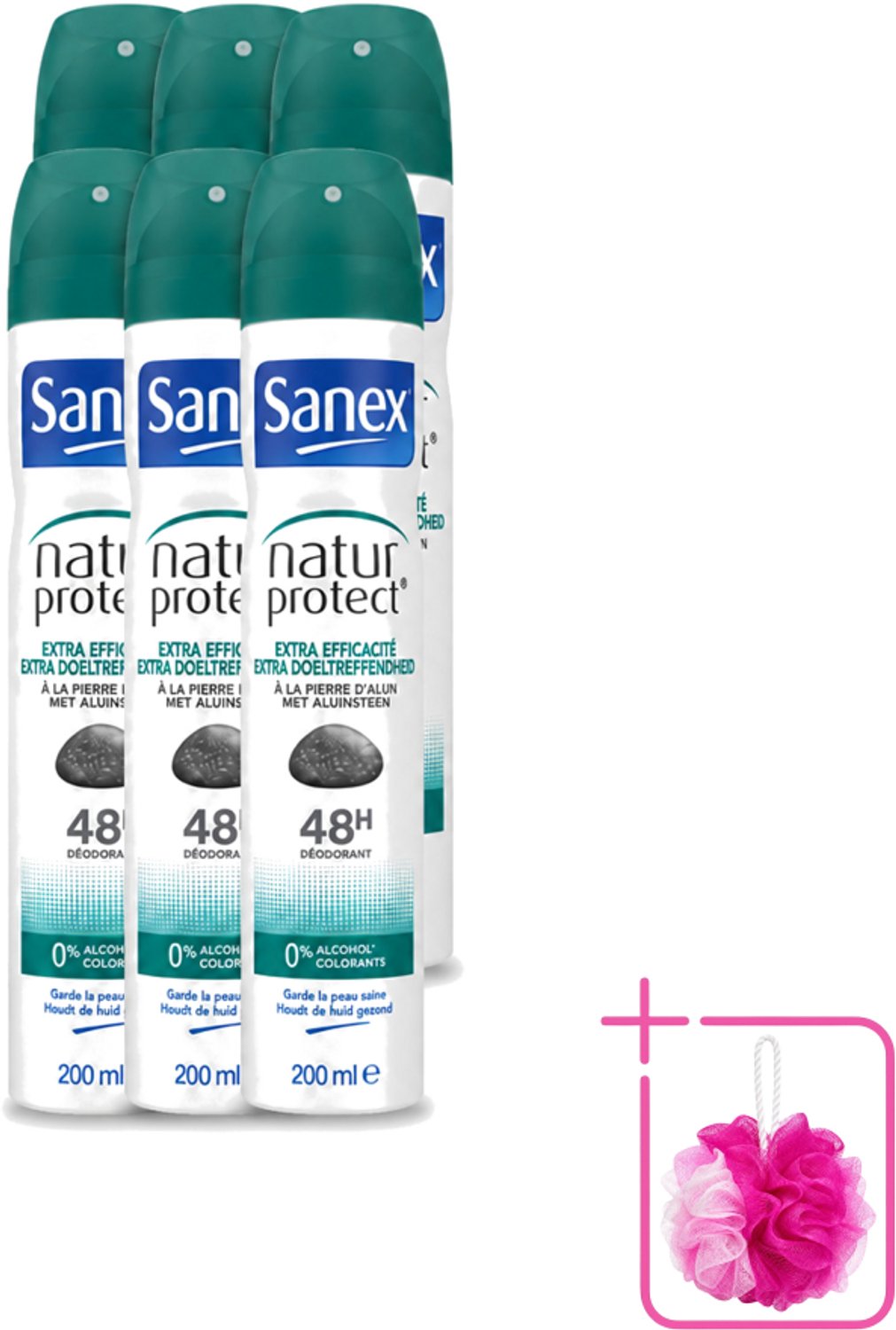 6 x Sanex – Deodorant Spray – Aluinsteen – 200 ml - Bulkverpakking - Deodorant spray - Douchemop - Natuurlijke deodorant