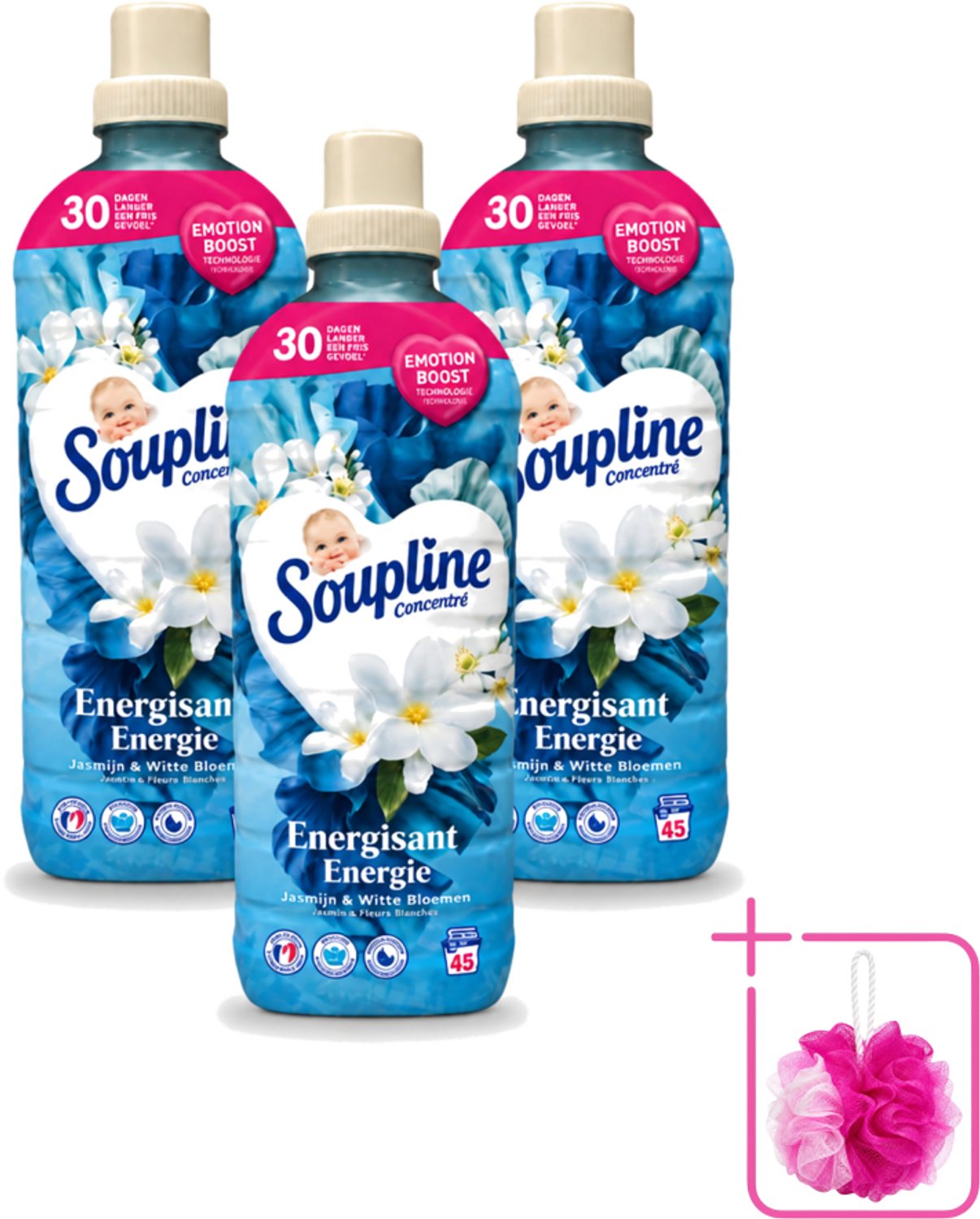 3 x Soupline – Wasverzachter – Energie Jasmijn & Witte Bloemen – 950 ml - Bulkverpakking - Wasverzachter - Douchemop - Jasmijn