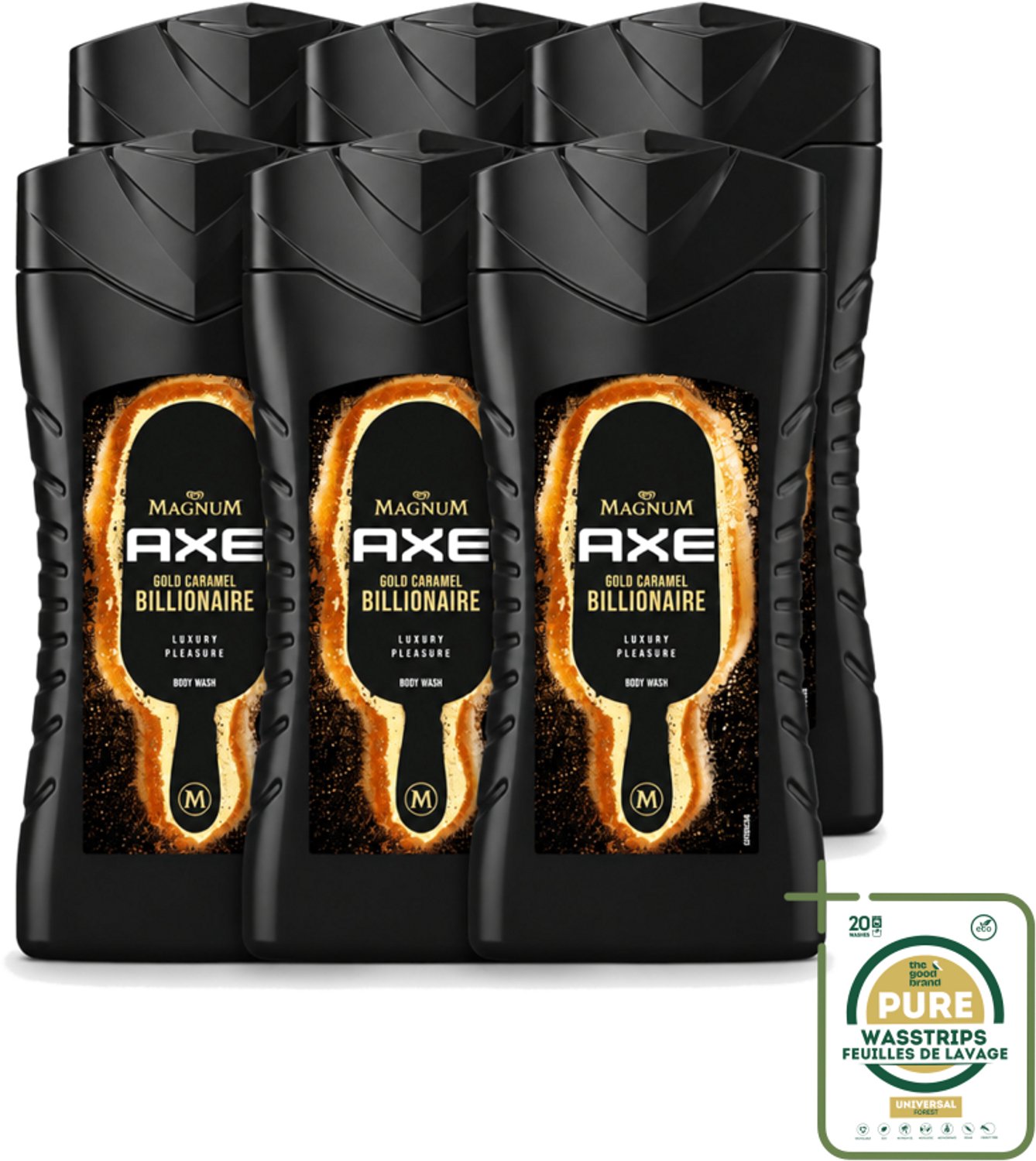 6 x Axe X Magnum - Douchegel - Gold Caramel Billionaire - 250 ml - Wasstrips - Douchegel - Lichaam - Gezicht - Haar - Chocolade