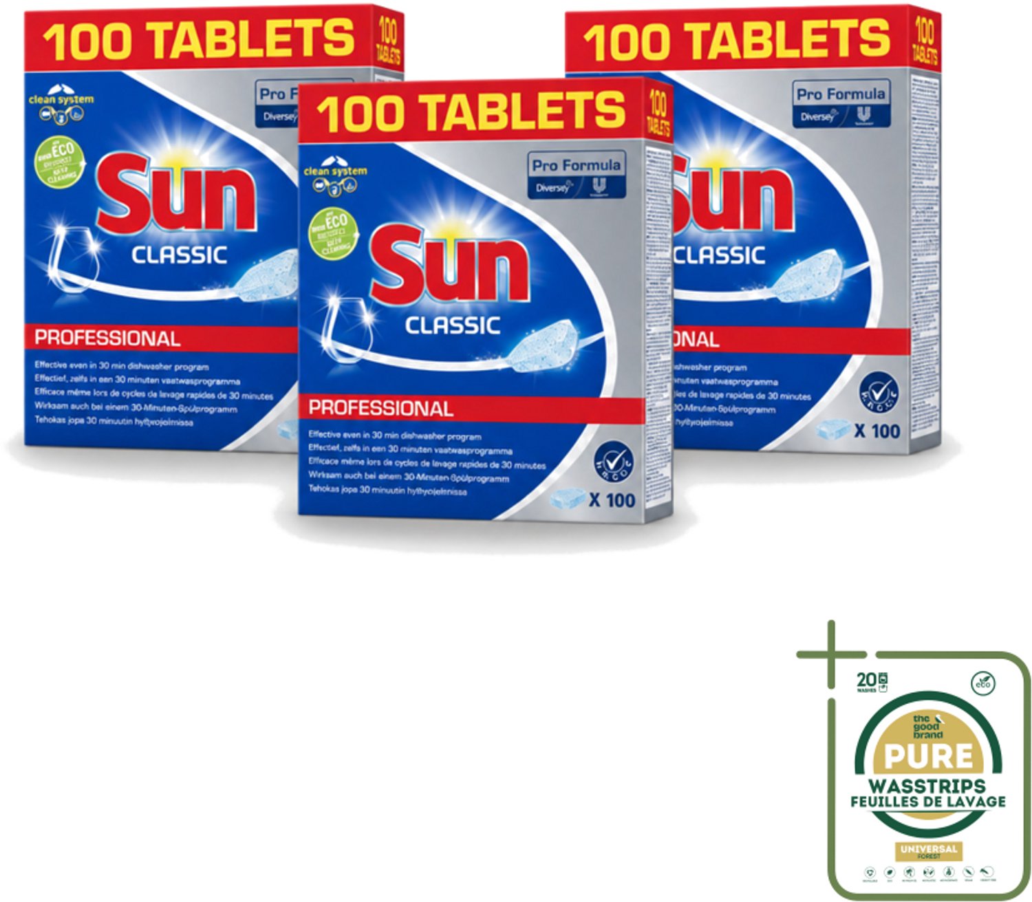 3 x Sun Classic - Pro Formula - Vaatwastabletten - 100 Tabletten - Wasstrips - Vaatwastabletten - Vaatwasser - Reiniging - Vlekken Verwijderen - Kalkaanslag