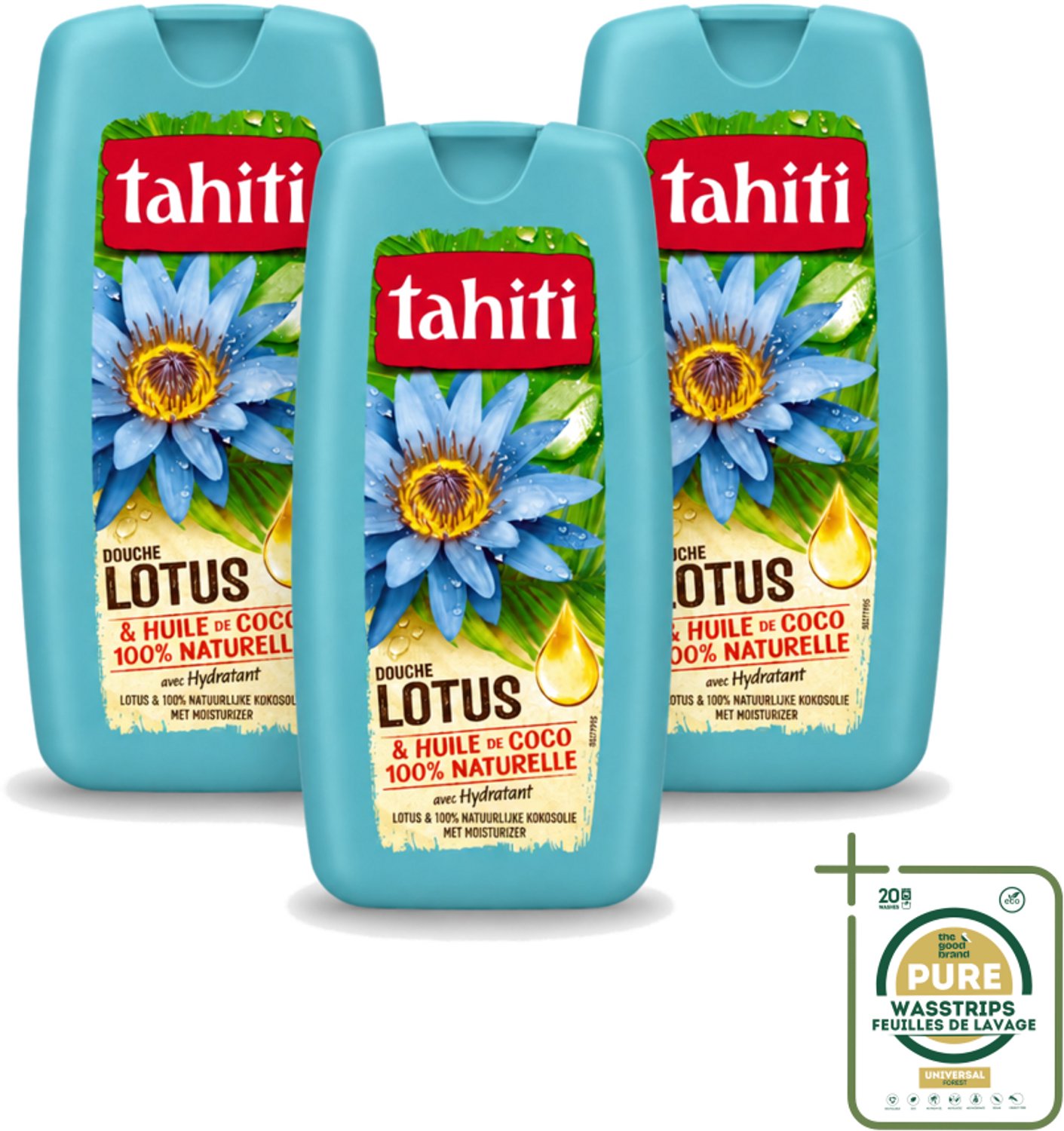 3 x Tahiti - Douchegel - Lotus & Kokosolie - Hydraterend - 250 ml - Wasstrips - Douchegel - Kokosolie - Lotus - Hydraterende Douchegel - Huid Verzorging