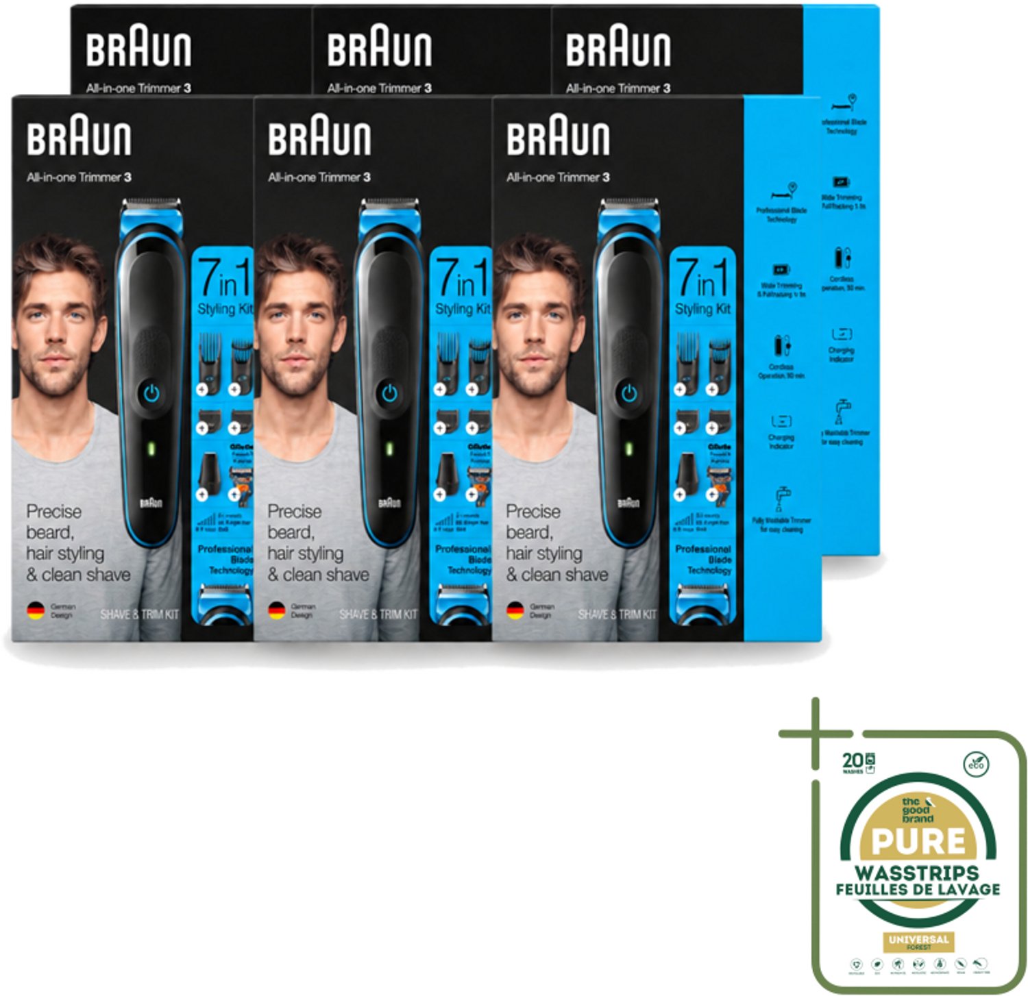 6 x Braun - Trimset - 7-in-1 - 1 Trim Apparaat - 6 Opzetstukken - Wasstrips - Baard Trimmer - Gezichtshaar Trimmer - Neushaar Trimmer - Scheermes - Baard Onderhoud