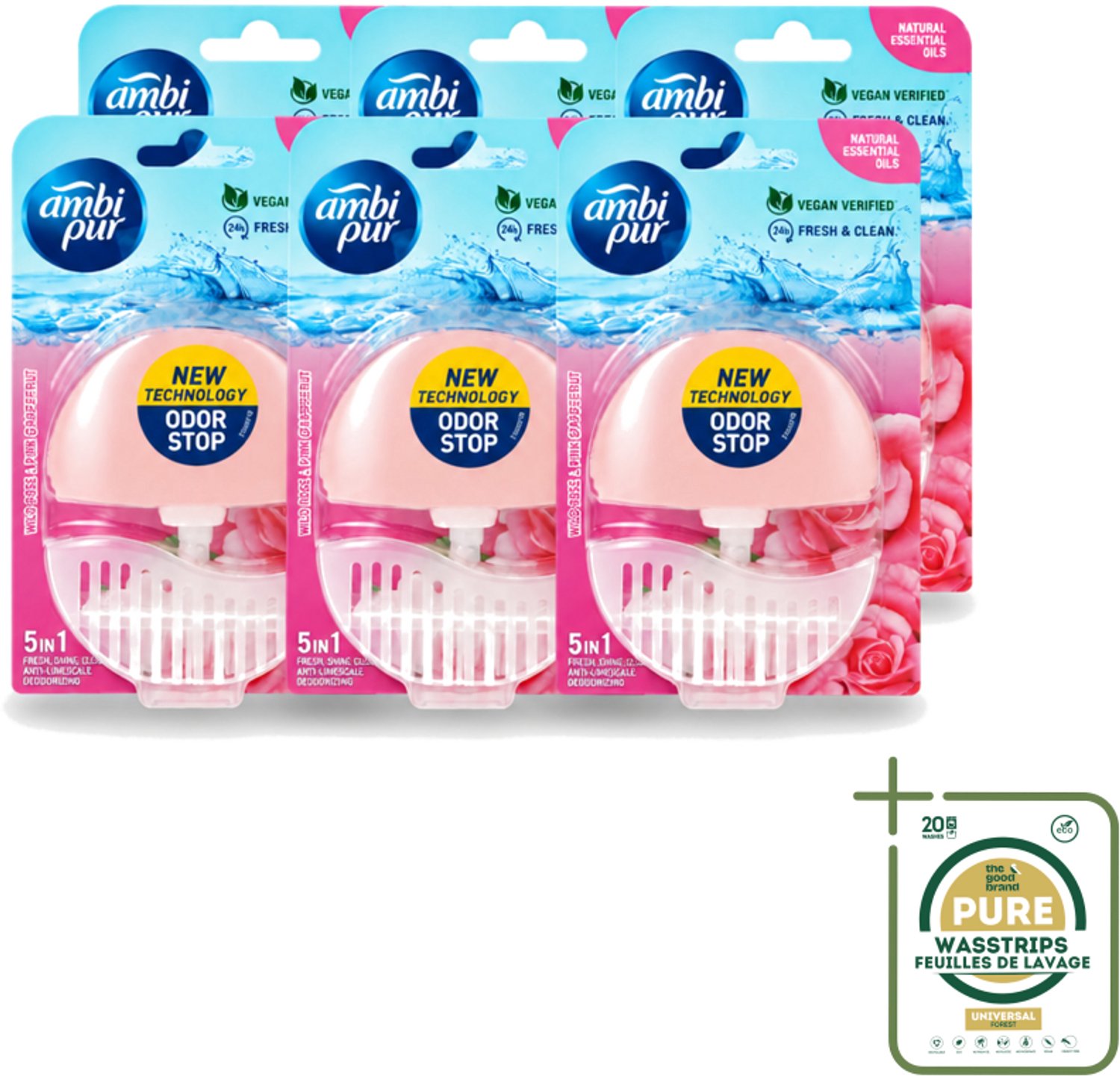 6 x Ambi Pur - Toiletblok - 5in1- Wilde Roos & Roze Grapefruit - 1 Blok - Wasstrips - Toilet - Toiletblok - Frisheid - Super Shine - Anti-kalk