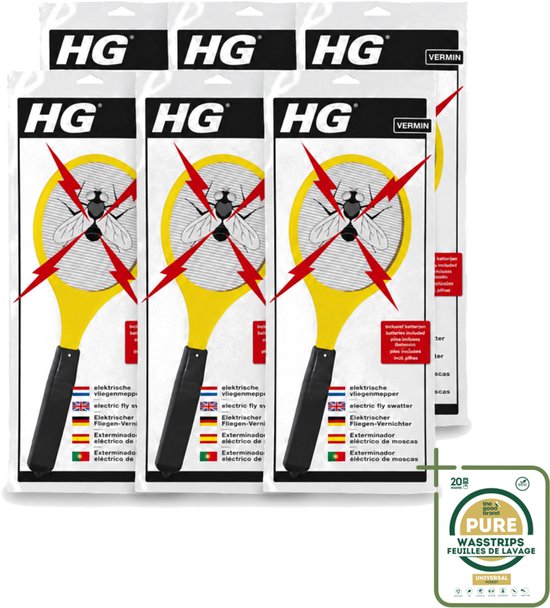 Zes verpakkingen van de HG elektrische vliegenmepper, inclusief een set Pure wasstrips.