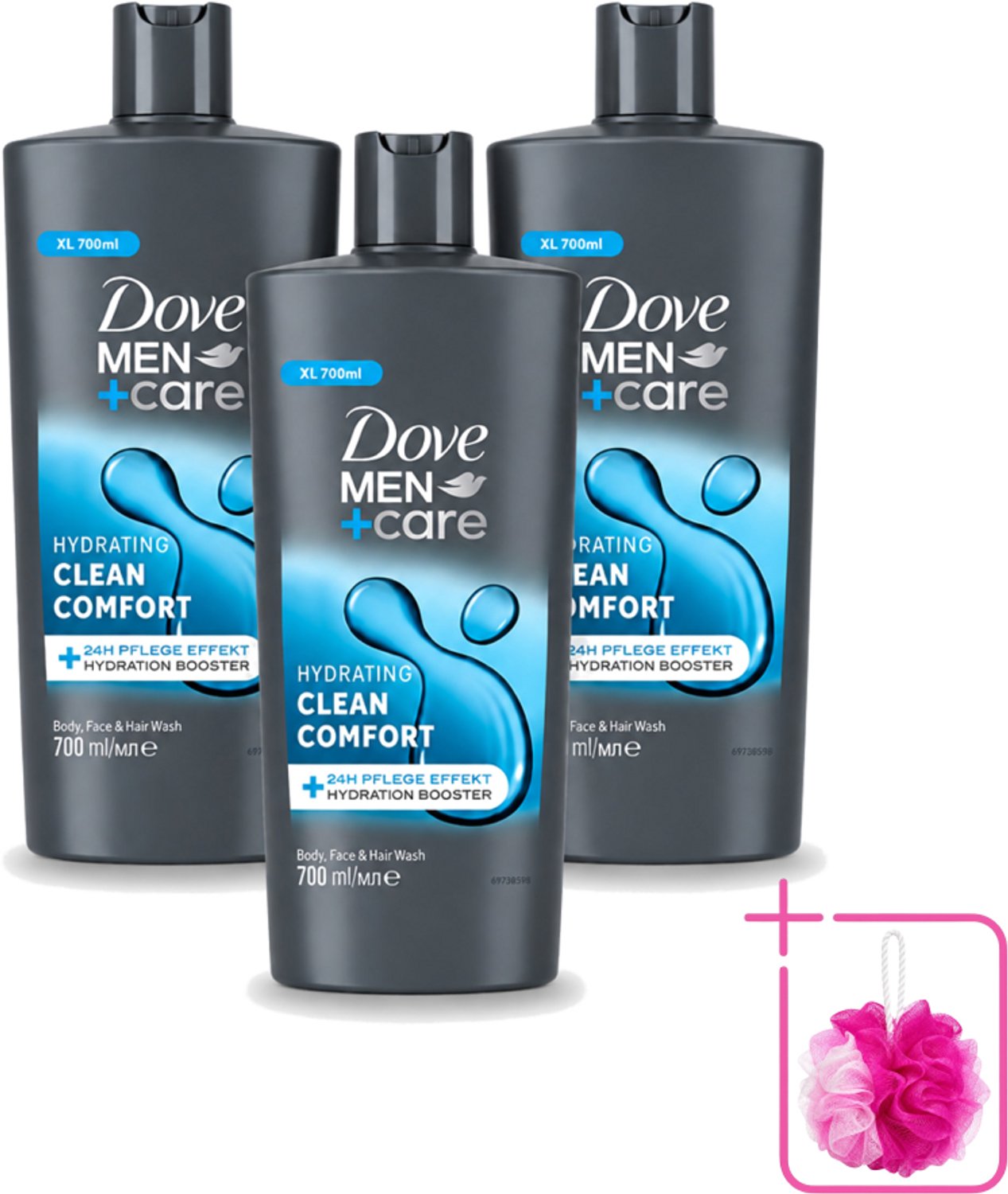 3 x Dove Men+Care - Clean Comfort - 3-in-1 Douchegel - Hydraterend- 700 ml - Bulkverpakking - Douchegel voor mannen - Douchemop - Lichaamsgel