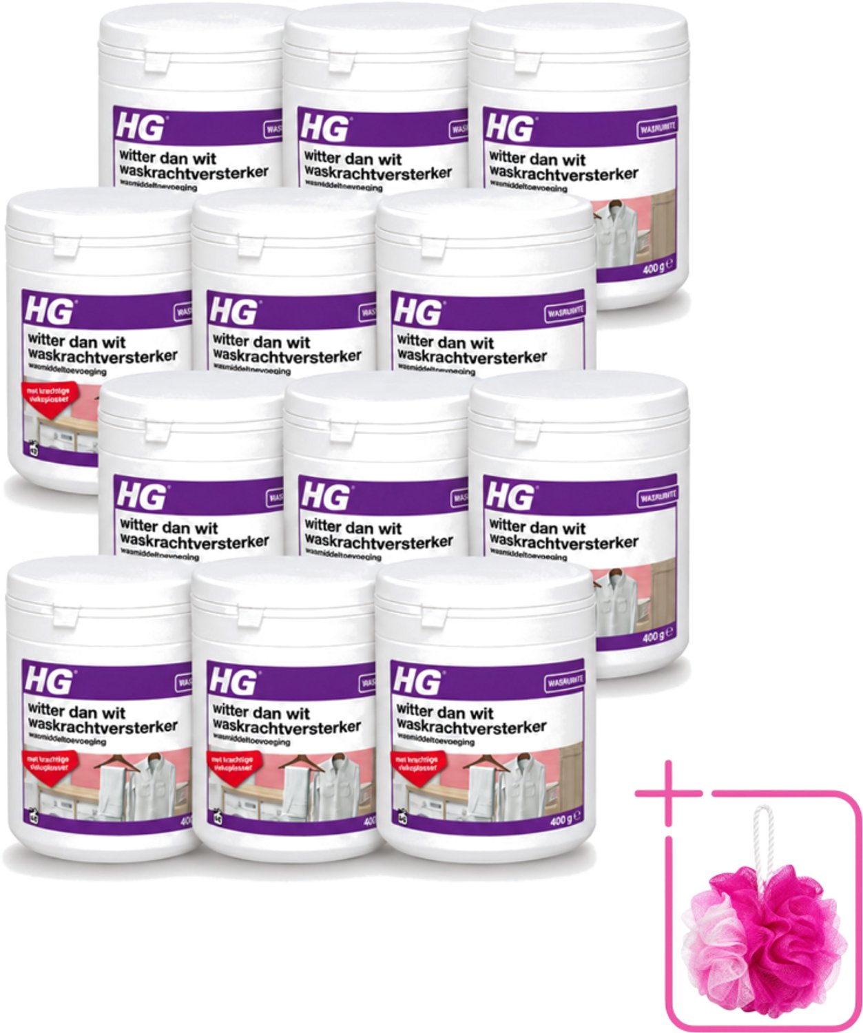 12 x HG - Wasruimte - Witter Dan Wit - Wasmiddeltoevoeging - 400 g - Bulkverpakking - Wit textiel - Douchemop - Wasmiddel