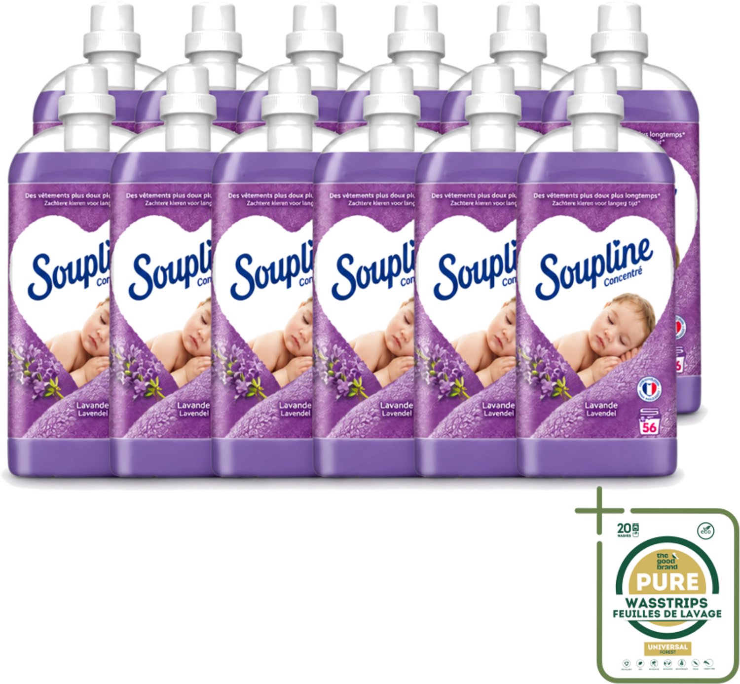 12 x Soupline - Wasverzachter - Lavendel - 56 Wasbeurten - 1.3L - Wasstrips - Wasverzachter - Wasgoed Verzachten - Lavendel Geur - Wasgoed Verzorgen - Wasverzachter Lavendel