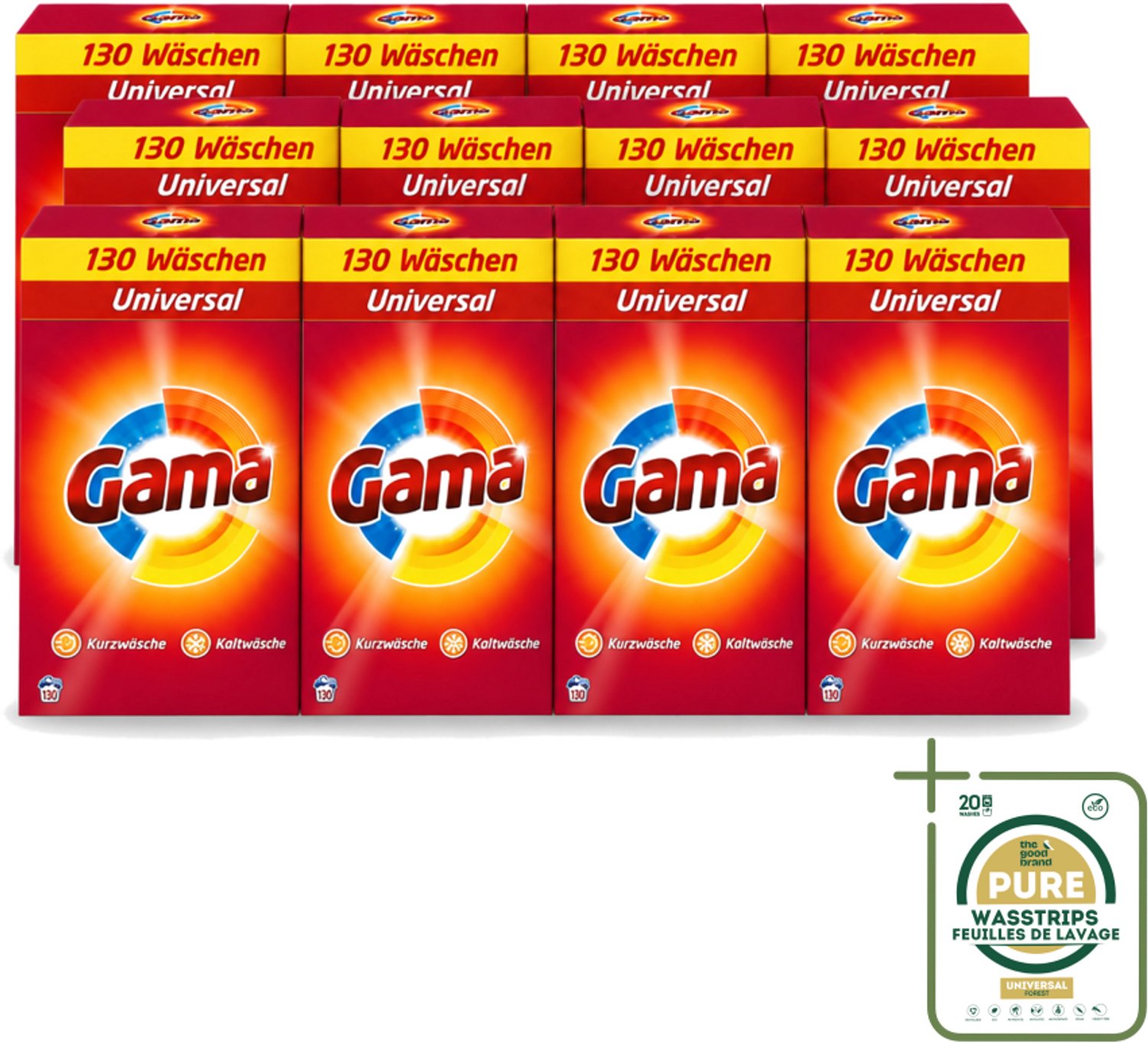 12 x Gama - 3-in-1 Waspoeder - Universal - Voor Alle Kleuren - 130 Wasbeurten - Wasstrips - Waspoeder - Wasbeurten - Wasmachine - Kleurenbeschermer - Vlekkenverwijderer