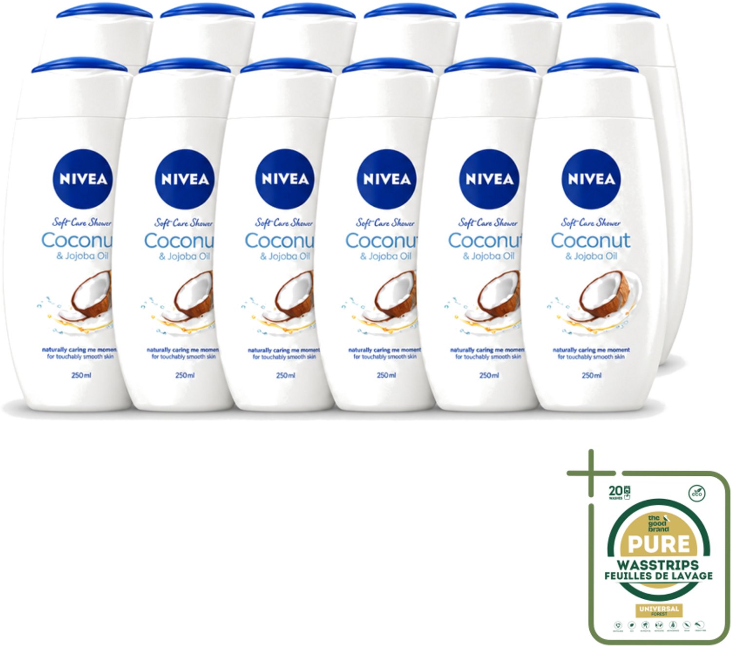 12 x Nivea - Huid Beschermende Douchecreme - Kokosnoot - 250 ml - Wasstrips - Douchecrème - Kokosnoot - Huidbeschermend - Hydratatie - Huidverzorging