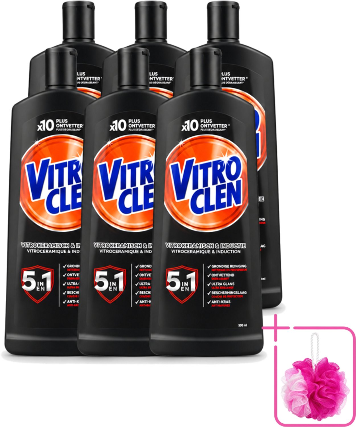 6 x Vitroclen - Kookplaatreiniger - Keramisch & Inductie - 5 in 1 - 500 ml - Bulkverpakking - Keramische kookplaat reinigen - Douchemop - Inductiekookplaat reinigen