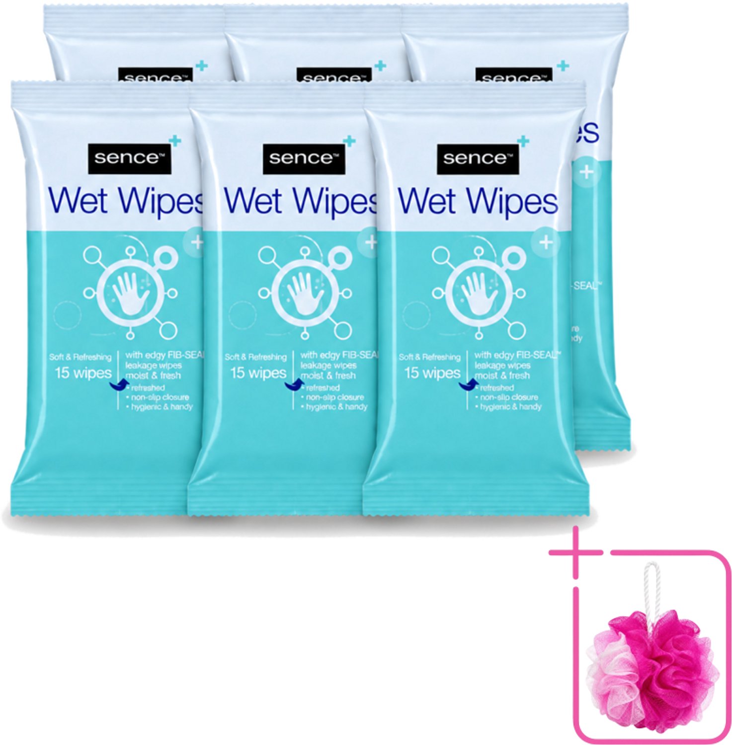 6 x Sence - Vochtige Doekjes - Hersluitbare Verpakking - 15 Doekjes - Bulkverpakking - Vochtige doekjes - Douchemop - Handdoek