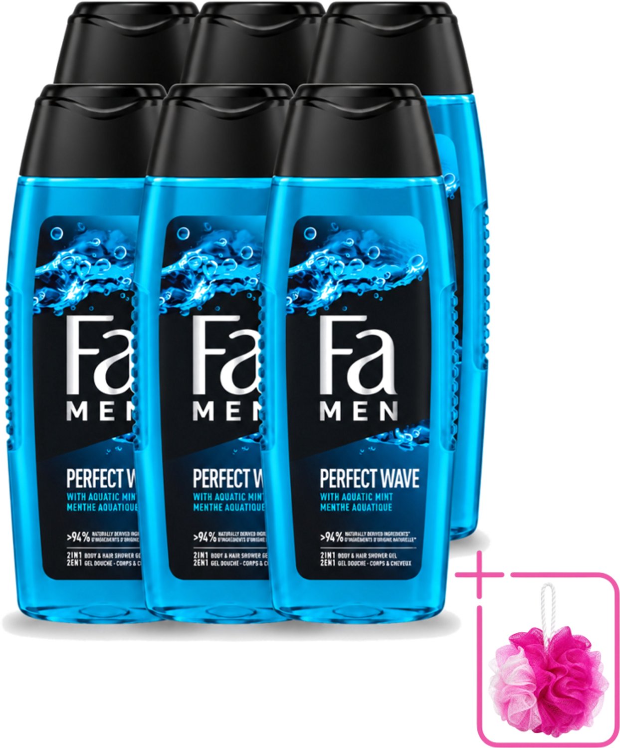 6 x Fa Men - Perfect Wave - 2 in 1 Douchegel & Shampoo - Menthol - 250 ml - Bulkverpakking - Douchegel en shampoo voor mannen - Douchemop - Menthol geur