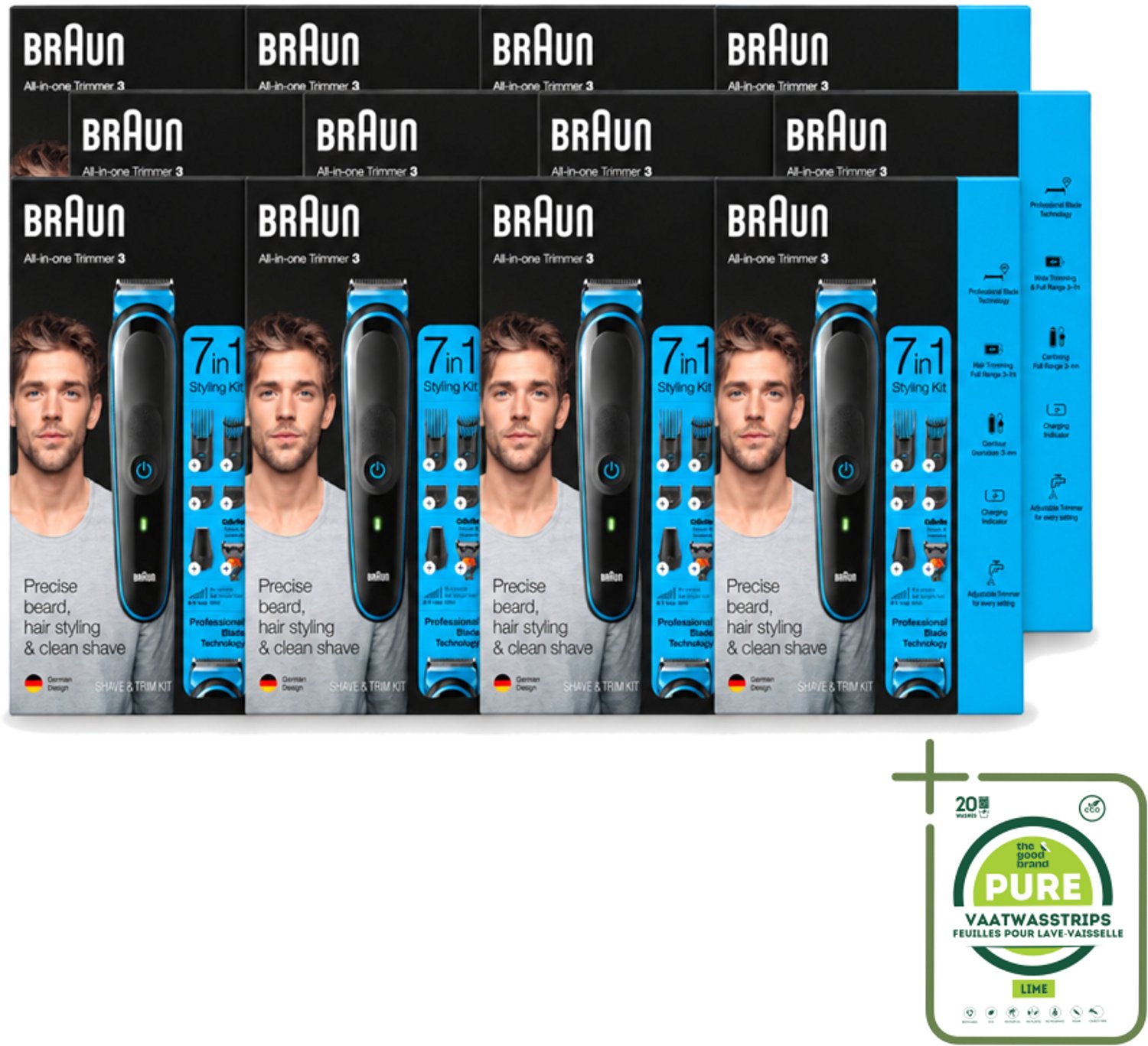 12 x Braun - Trimset - 7-in-1 - 1 Trim Apparaat - 6 Opzetstukken - Grootverpakking - Baard Trimmer - Gezichtshaar Trimmer - Neushaar Trimmer - Scheermes - Baard Onderhoud