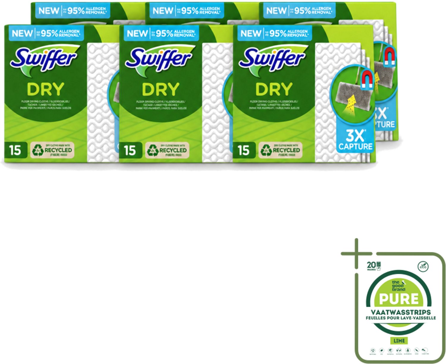 6 x Swiffer Dry - Vloerdoekjes - Navulling - Gerecyclede Fibers - 15 Doekjes - Grootverpakking - Vaatwasstrips - Stofwisdoekjes - Stof Opnemen - Stof Verwijderen - Schoonmaken - Vloer Reinigen