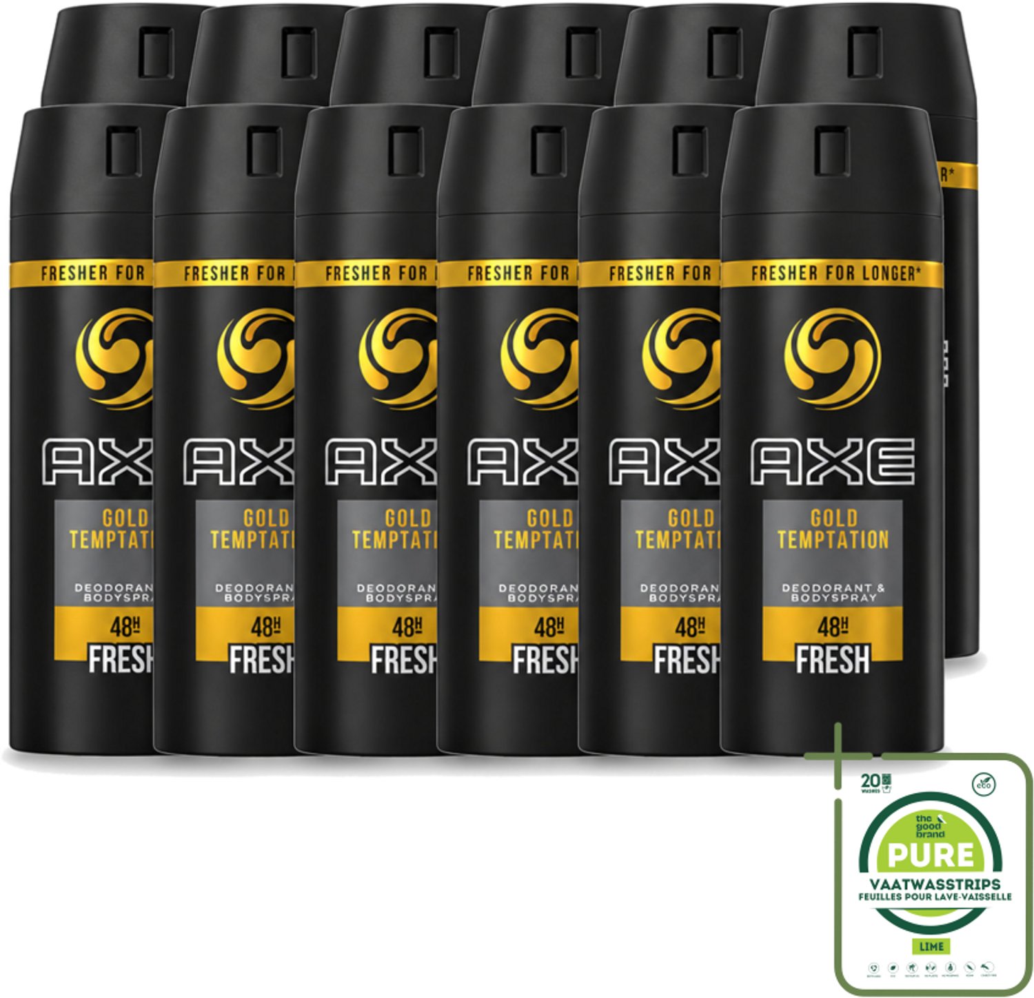12 x Axe - Deodorant Bodyspray - 48hrs Fresh - Gold Temptation - 150 ml - Grootverpakking - Vaatwasstrips - 48 Uur Bescherming - Zweetvermindering - Deodorant Spray - Geur - Fris
