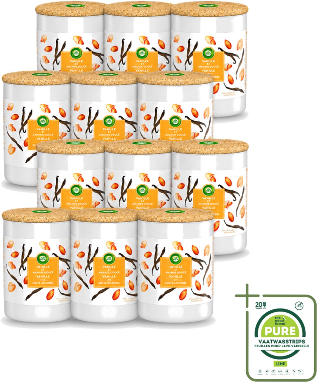 Air Wick 12 x Air Wick - Geurkaars - Vanille & Zoete Amandel - 35 Uur Brandduur - Grootverpakking - Vaatwasstrips - Geurkaars - Vanille - Amandel - Warme Geur - Sfeer Oranje