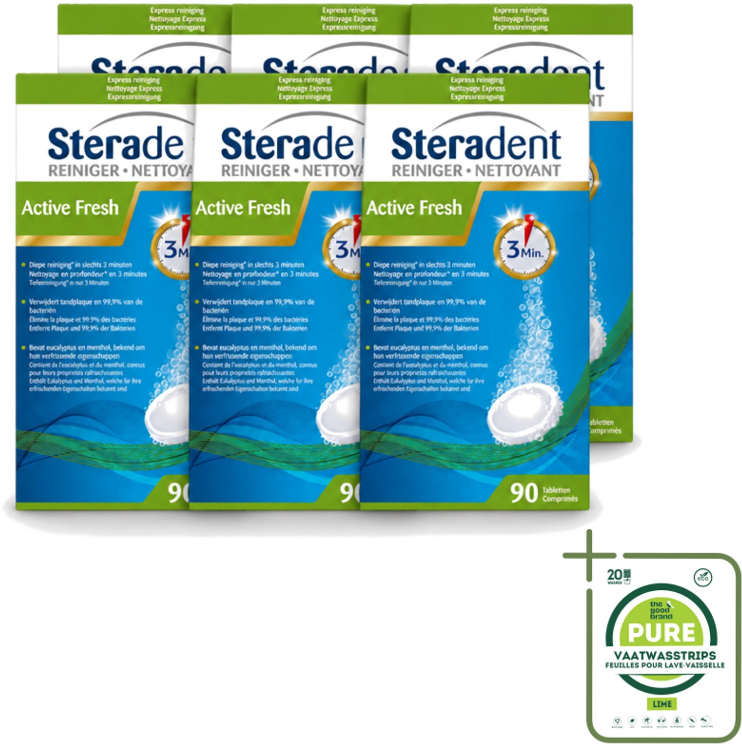6 x Steradent - Kunstgebitreiniger - Active Fresh - Menthol En Eucalyptus - 90 Tabletten - Grootverpakking - Vaatwasstrips - Kunstgebit Reinigen - Kunstgebit Reiniging - Kunstgebit Reiniging Tabletten - Kunstgebit Frisheid - Kunstgebit Geur