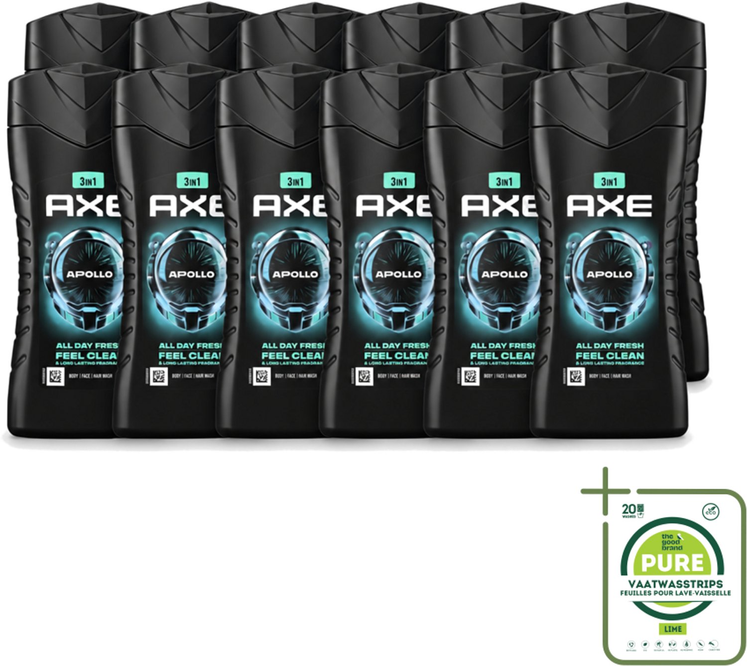 12 x Axe - 3-in-1 Douchegel - Apollo - Sage & Cedarwoord - 12hrs Long Lasting Scent - 250 ml - Grootverpakking - Vaatwasstrips - Douchegel Lichaam Gezicht Haar - Geur Salie Cederhout - 12 Uur Fris - Bacteriënverwijdering - Plantaardige Moisturizers
