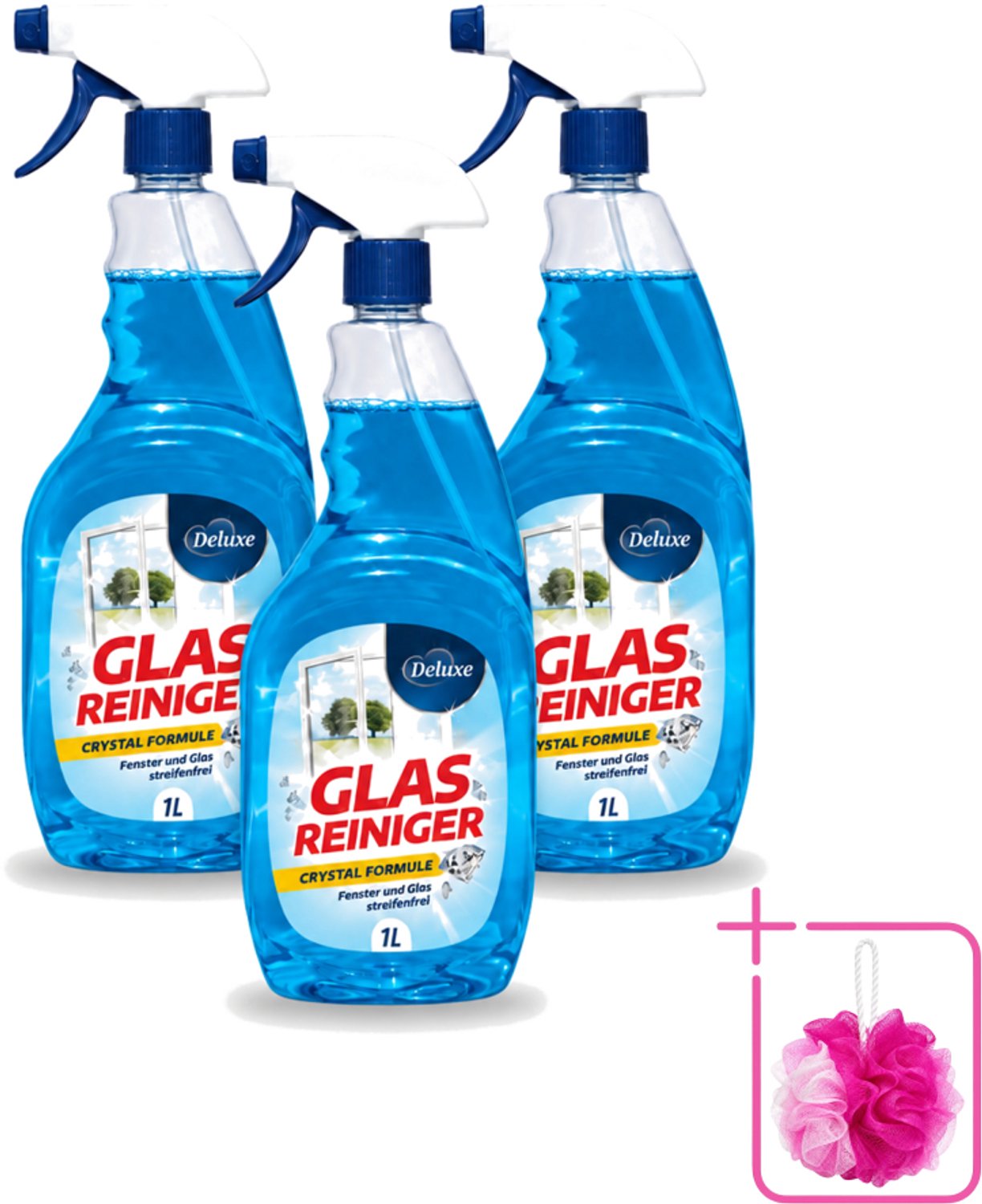 3 x Deluxe - Glasreiniger - Crystal Formule - Streeploze Glans - 1L - Bulkverpakking - Streeploze glans - Douchemop - Glas reiniger