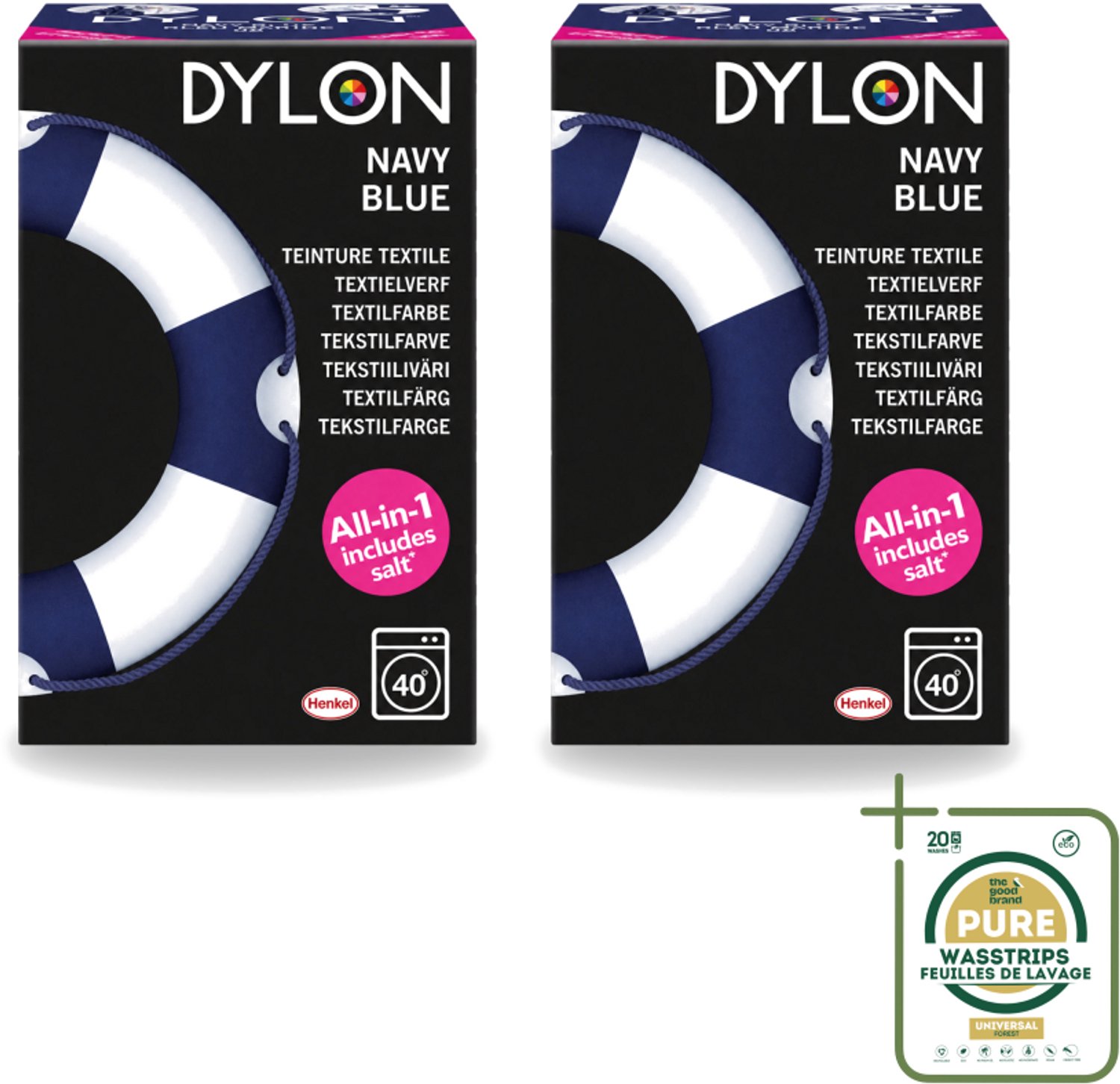 2 x Dylon - Textielverf - Navy Blue - All-in-One - Inclusief Zout - 350g - Wasstrips - Textielverf - Kleding Verven - Kleurstof - Katoen Verven - Stof Verven