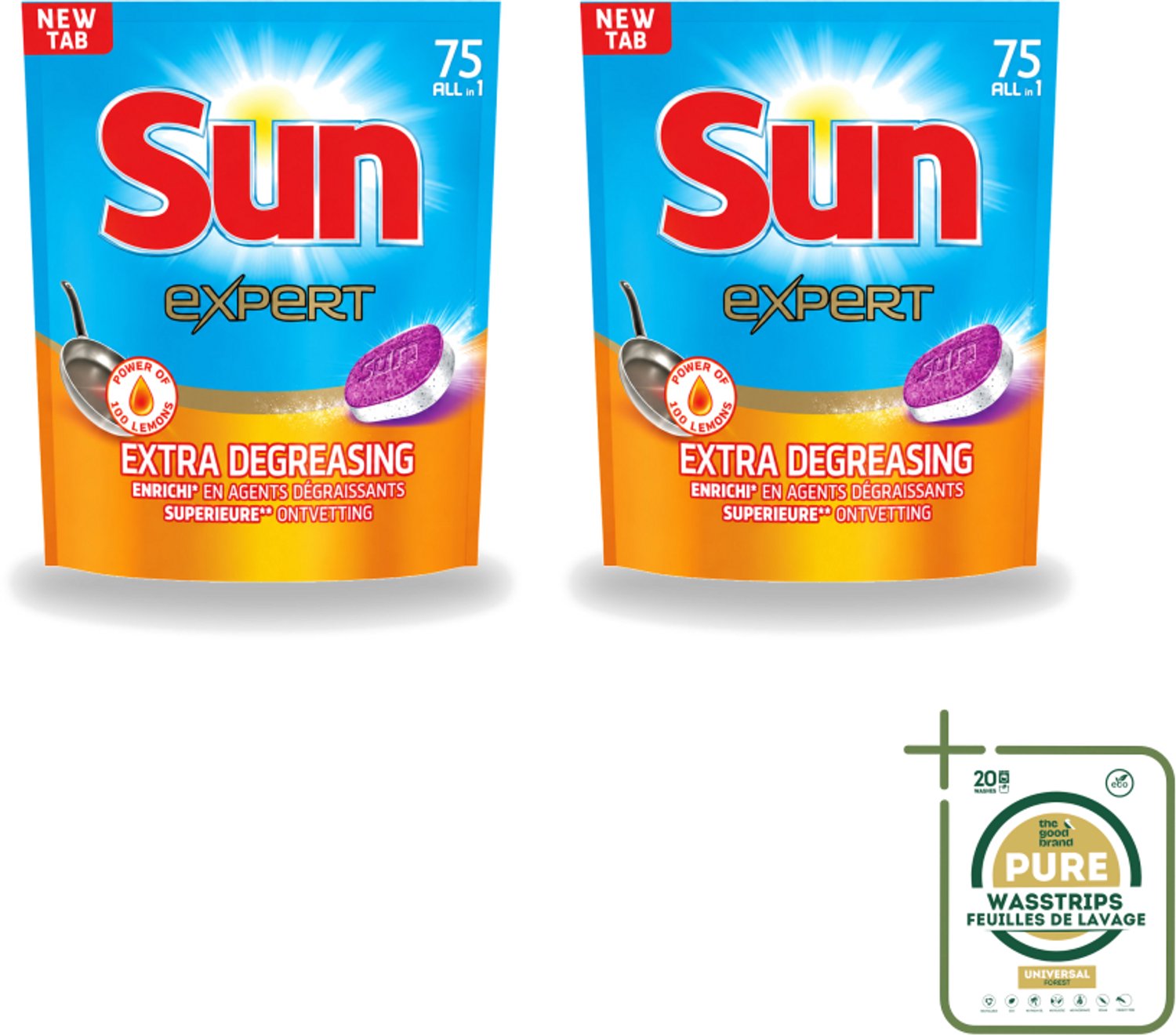 2 x Sun Expert - All-in-1 - Vaatwastabletten - Extra Ontvettend - 75 Tabletten - Wasstrips - Vaatwastabletten - Vaatwasmiddel - Ontvetting - Vaatwasser - Vaat Reinigen