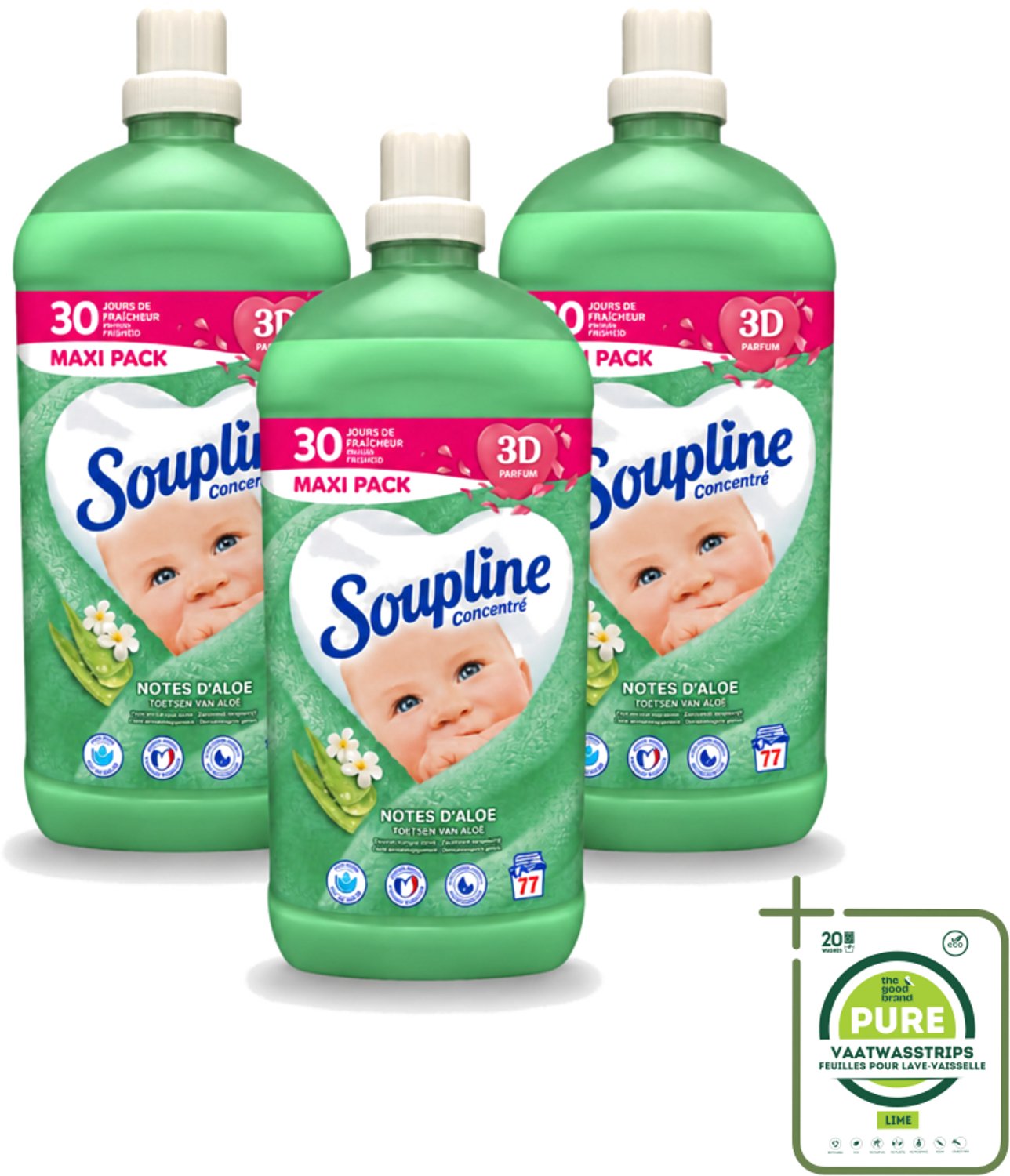 3 x Soupline - Wasverzachter - Aloë Vera Concentraat - 77 Wasbeurten - Grootverpakking - Vaatwasstrips - Wasverzachter Aloë Vera - Wasverzachter Voor Kleding - Aloë Vera Wasverzachter - Zachte Wasverzachter - Wasverzachter Voor Gezin