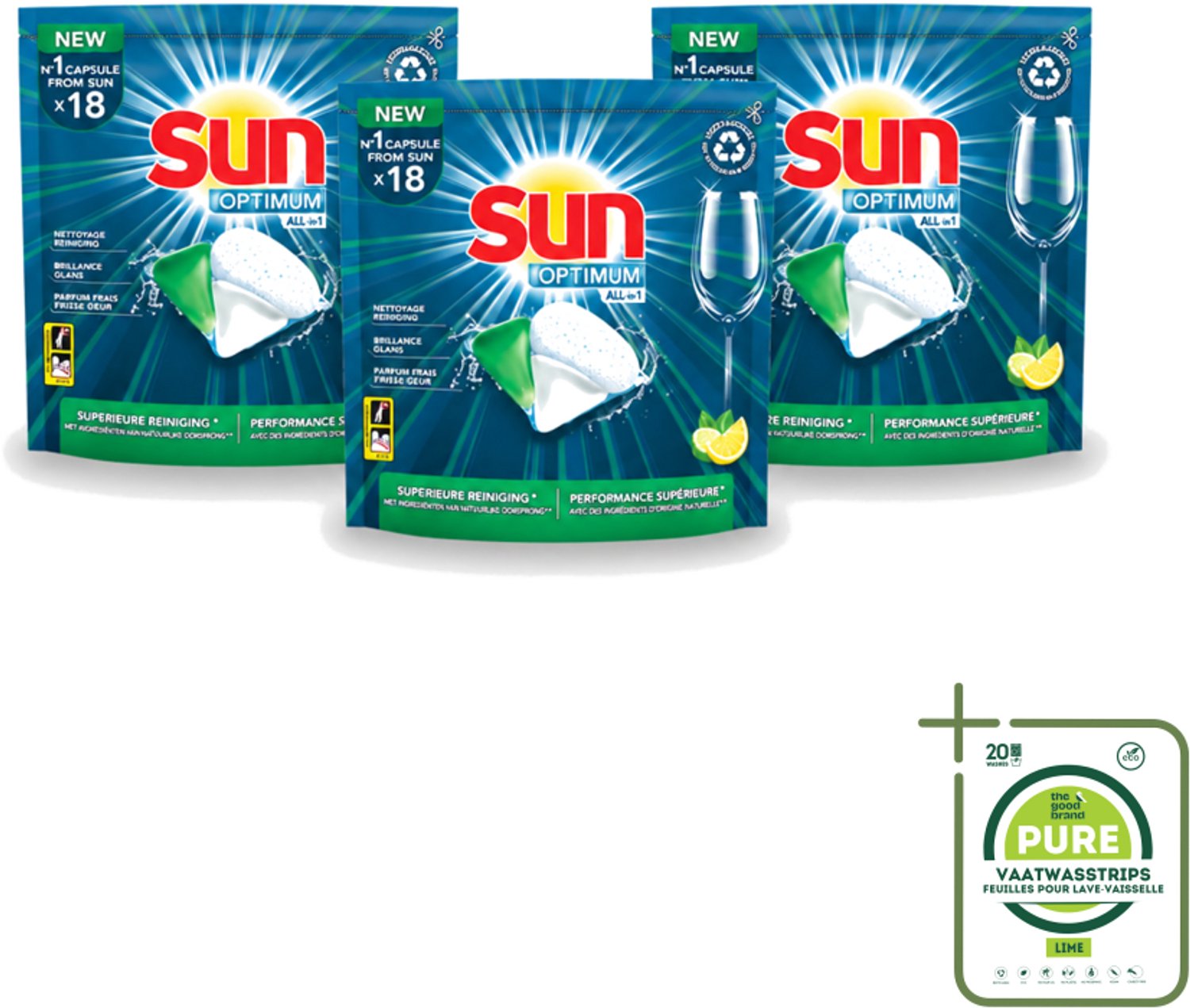 3 x Sun Optimum - All-in-1 - Vaatwasmiddel - Capsules - Citroen - 18 Capsules - Grootverpakking - Vaatwasstrips - Vaatwasmiddel - Vaatwascapsules - Citroen - Reiniging - Spoelglans