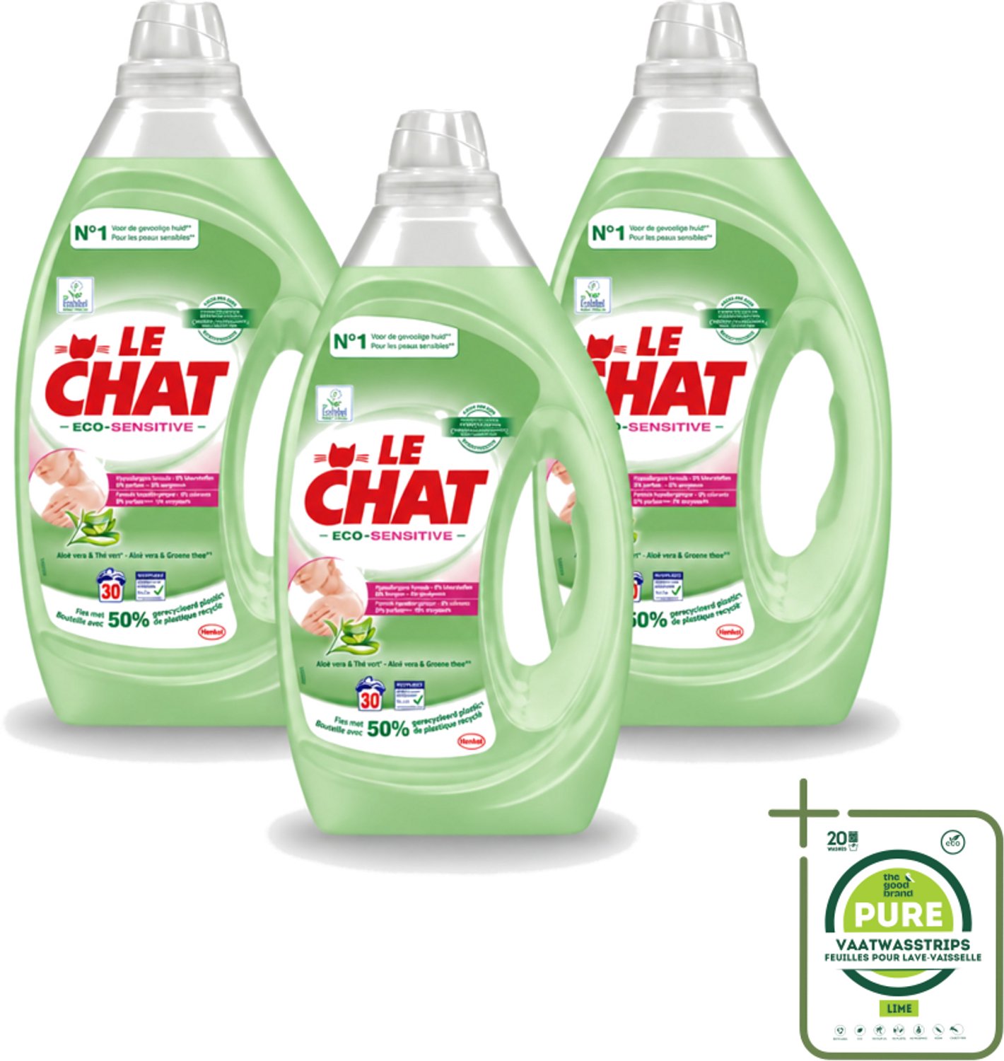 3 x Le Chat Eco-Sensitive - Vloeibaar Wasmiddel - Witte en Gekleurde Was - Aloë Vera & Groene Thee - 30 Wasbeurten - Grootverpakking - Eco-gevoelig Wasmiddel - Gevoelige Huid - Wasmiddel Gel - Duurzame Was - Wasmiddel Voor Gekleurde Was