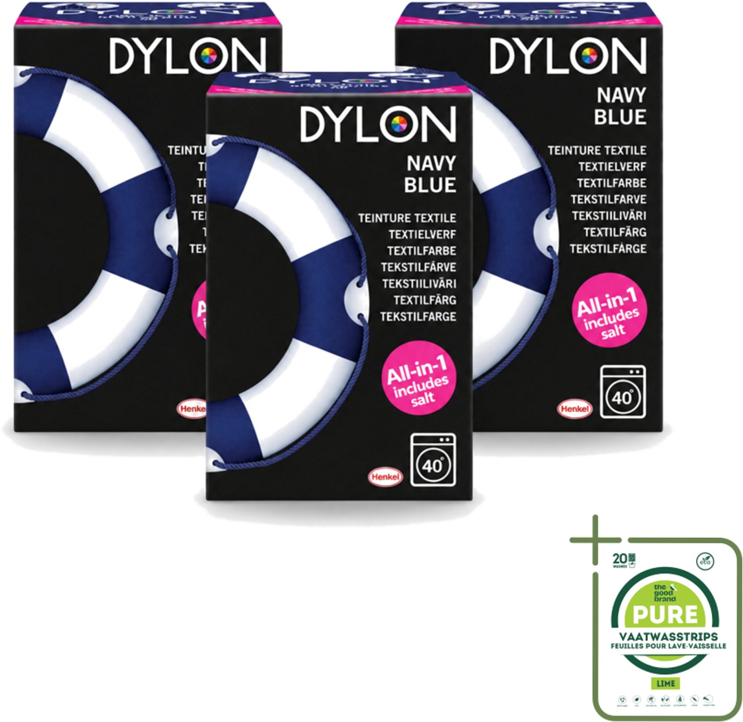 3 x Dylon - Textielverf - Navy Blue - All-in-One - Inclusief Zout - 350g - Grootverpakking - Vaatwasstrips - Textielverf - Kleding Verven - Kleurstof - Katoen Verven - Stof Verven