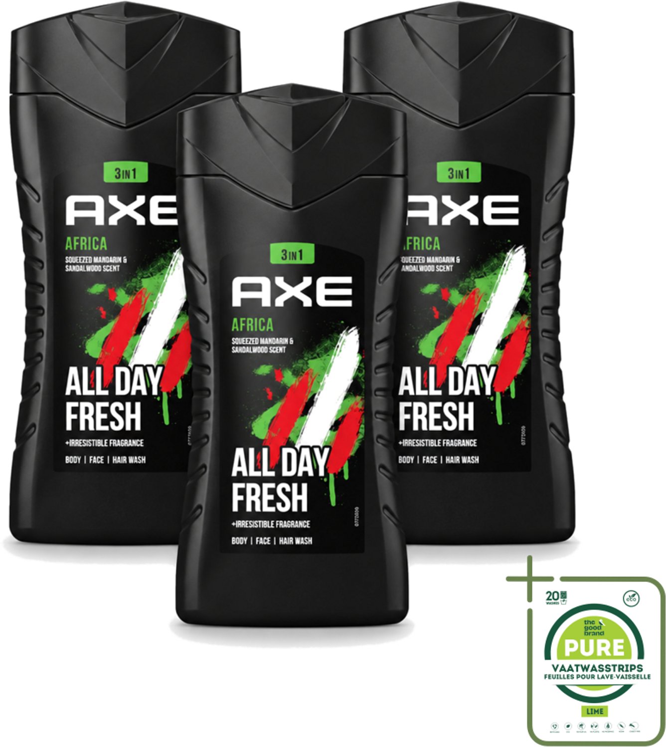 3 x Axe - 3-in-1 Douchegel - Africa - Squeezed Mandarin & Sandalwood - 12hrs Long Lasting Scent - 250 ml - Grootverpakking - Vaatwasstrips - Douchegel - Geur Mandarijn En Sandelhout - 3-in-1 - Lichaam - Gezicht