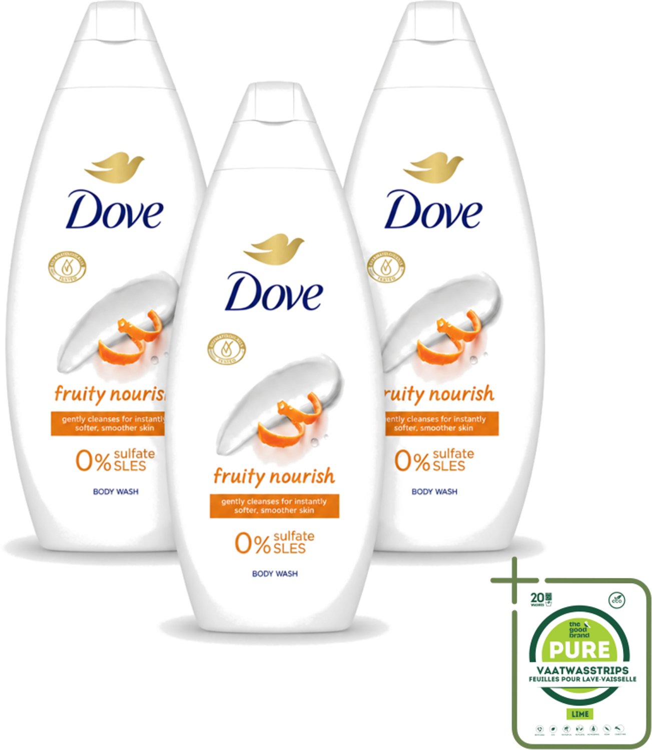3 x Dove Fruity Nourish - Douchegel - Sulfaatvrij - 250 ml - Grootverpakking - Vaatwasstrips - Douchegel - Voedende Douchegel - Sulfaatvrije Douchegel - Fruitige Douchegel - Huidverzorging