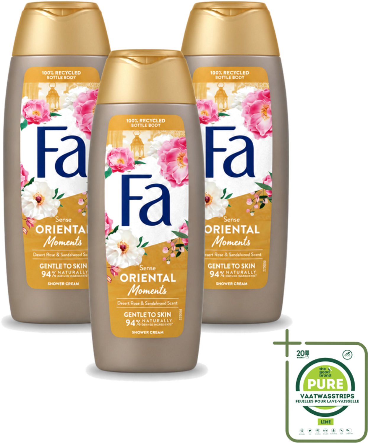 3 x Fa - Oriental Moments - Douchecrème - Woestijnroos & Sandelhout - 250 ml - Grootverpakking - Vaatwasstrips - Douchecrème - Woestijnroos - Sandelhout - Geur - Huidverzorging