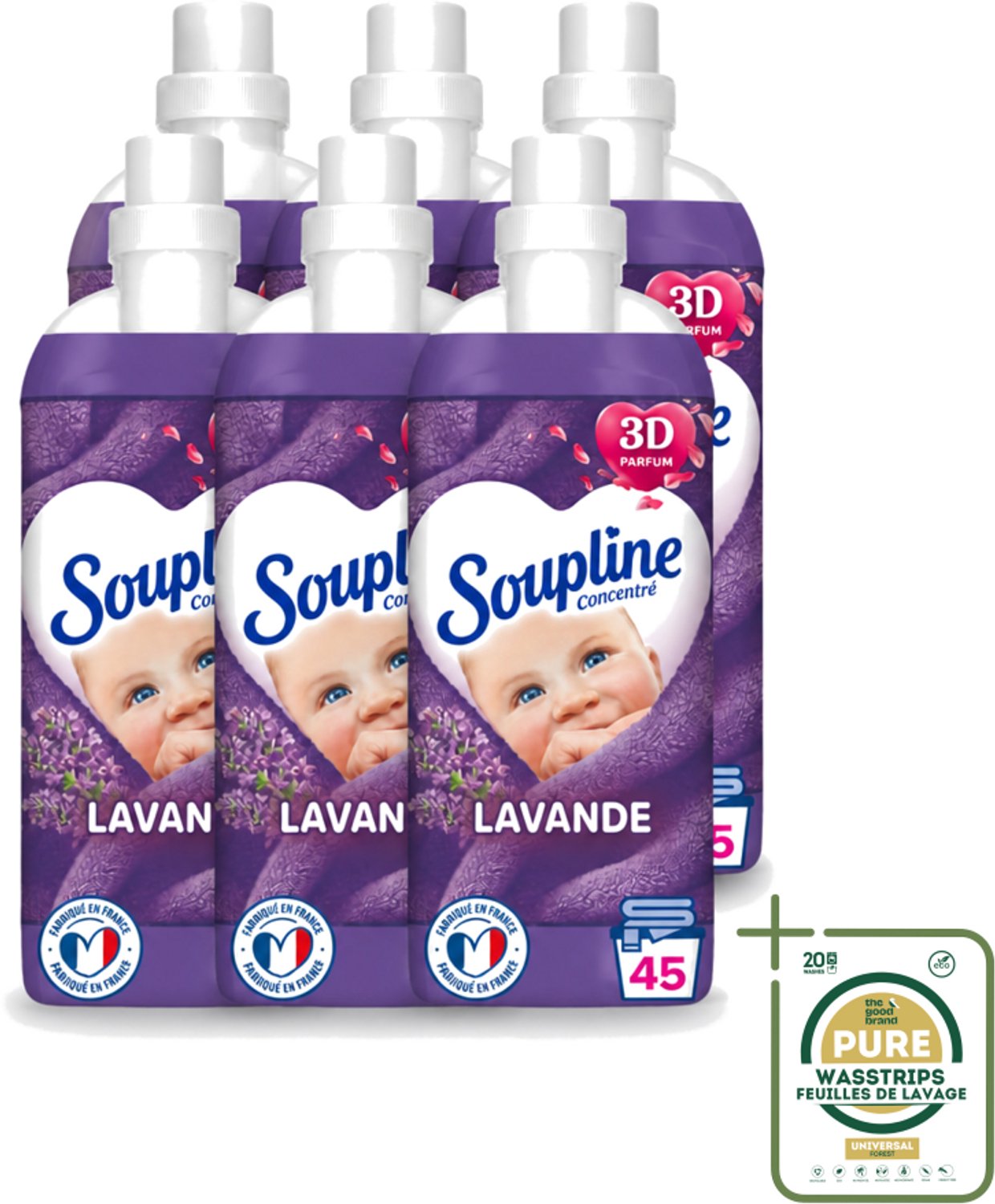 6 x Soupline - Wasverzachter - Lavendel - 45 Wasbeurten - 1L - Wasstrips - Wasverzachter - Wasgoed Verzorgen - Wasresultaat - Wasmachine - Wasverzachter Lentebloesem
