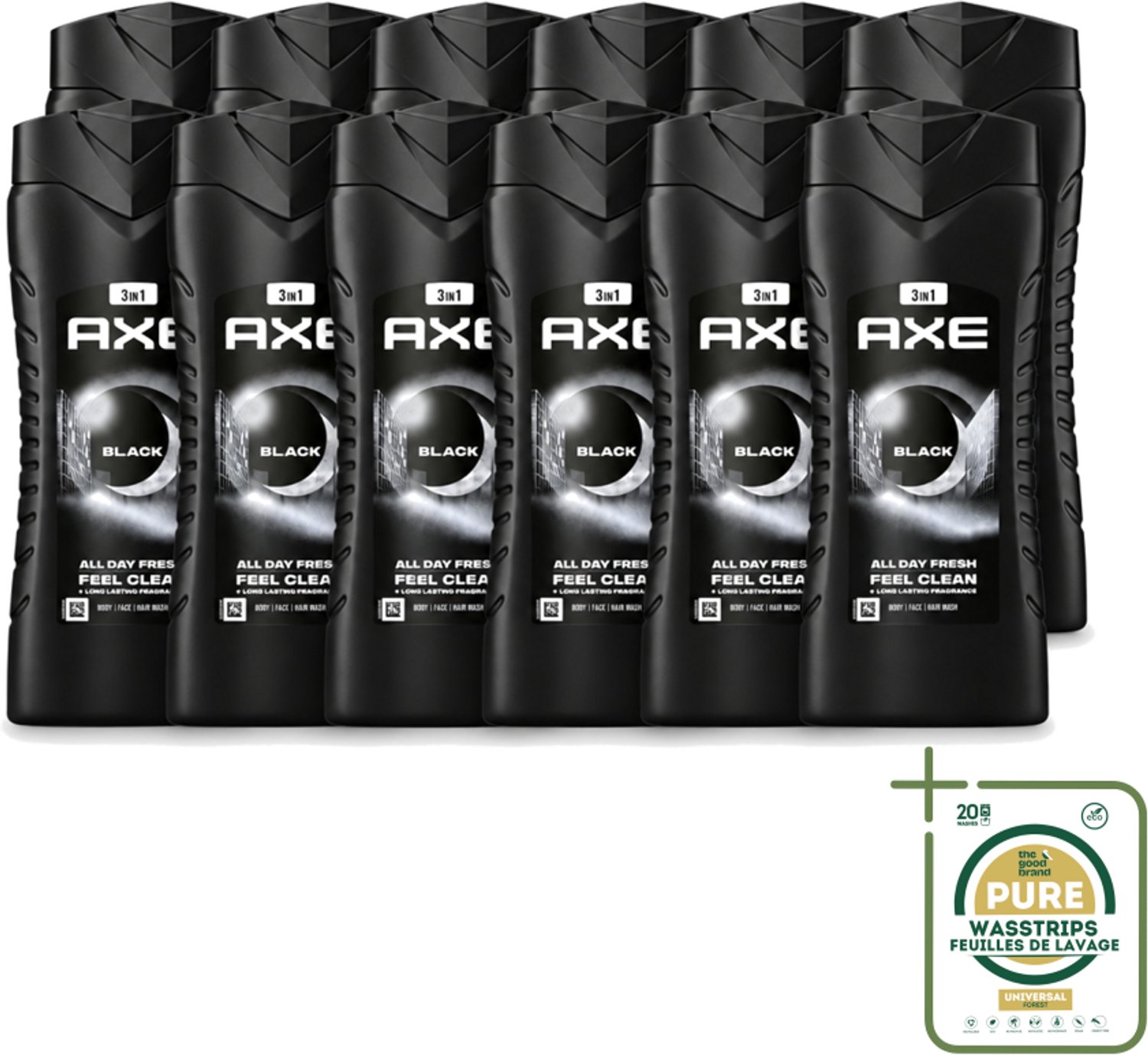 12 x Axe XL - 3-in-1 Douchegel - Black - Frozen Pear & Cedarwoord - 12hrs Long Lasting Scent - 400 ml - Wasstrips - Douchegel - Lichaam - Gezicht - Haar - Frisheid