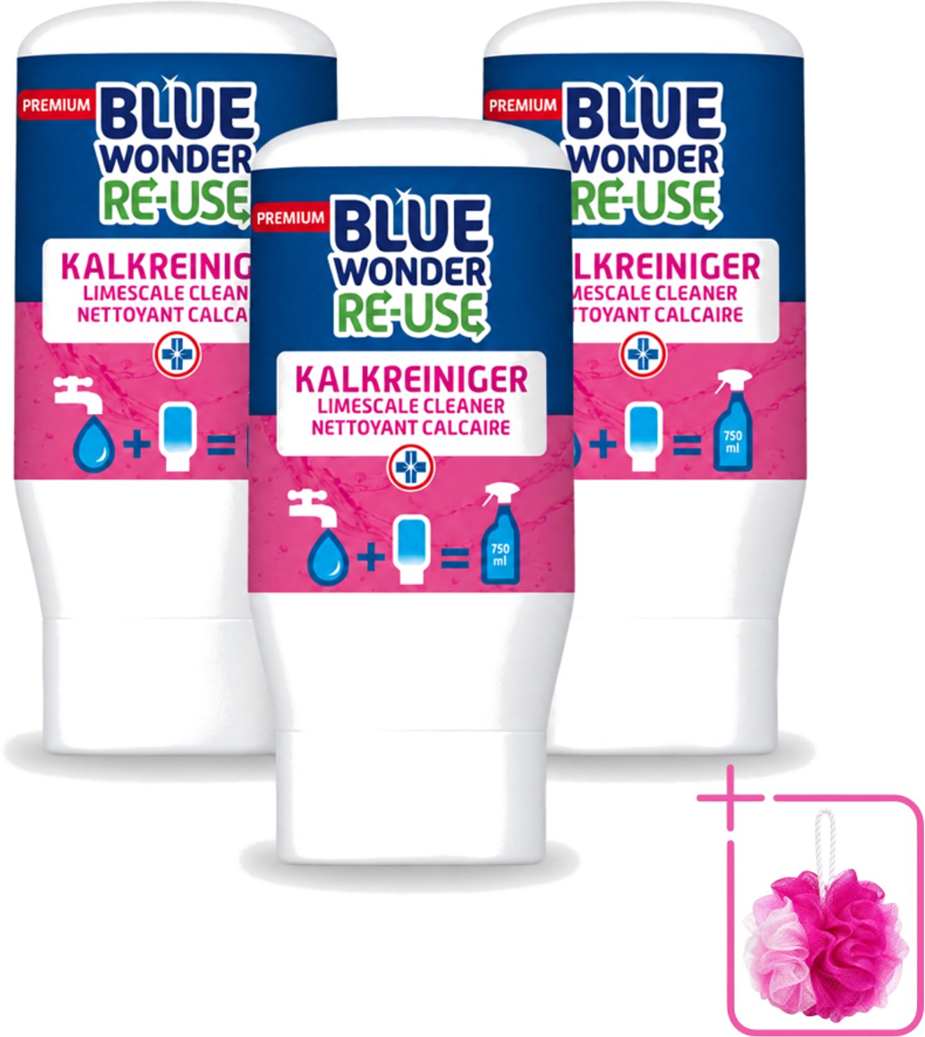 3 x Blue Wonder - Premium Re-use Kalkreiniger - 50 ml - Bulkverpakking - Kalkreiniger - Badkamer reinigen