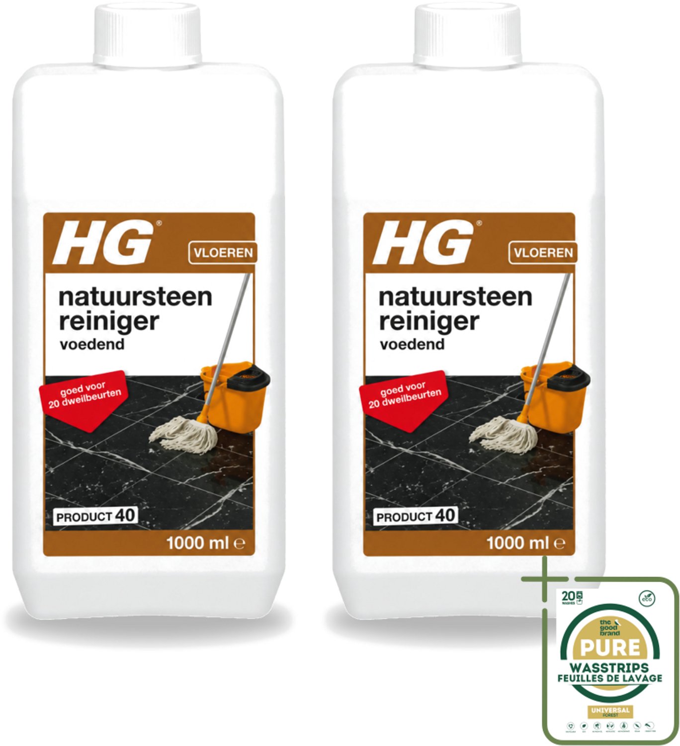 2 x HG - Natuursteenreiniger - Hydraterend - Voor Regelmatige Reiniging - 20 Dweilbeurten - 1L - Wasstrips - Natuursteen Reinigen - Marmer Reinigen - Natuursteen Voeden - Vloer Reinigen - Dweilreiniger