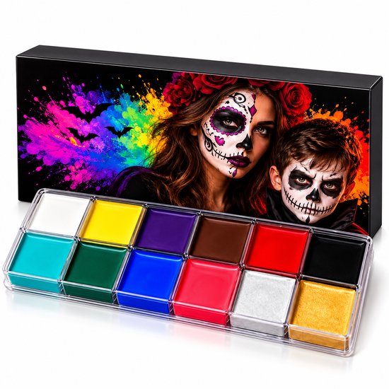 Palette de 12 couleurs de peinture pour le visage dans un bac transparent, avec une femme et un enfant maquillés pour Halloween en arrière-plan.
