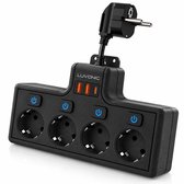 Luvonic® Stekkerdoos - Stekkerblok met Overspanningsbeveiliging - 4 Stopcontacten - Stopcontactverdeler - USB/USB-A/USB-C - Individuele Schakelaars - Wandmontage - Thuis/Kantoor/Slaapkamer - Zwart