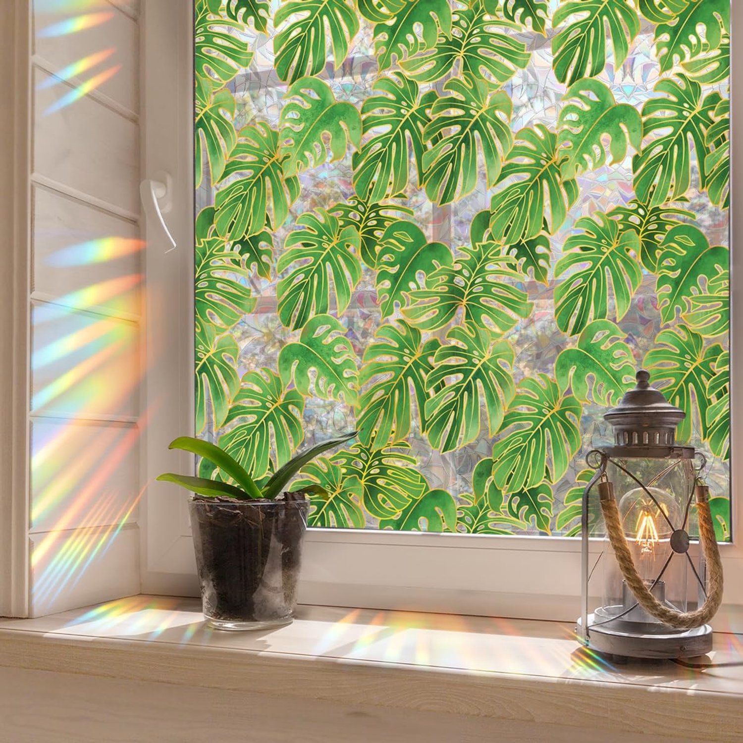 Privacy film 3D decoratief 30x100cm - statisch raamfolie - regenboog palmbladeren - creëert magische lichtreflecties - SnelShoppen