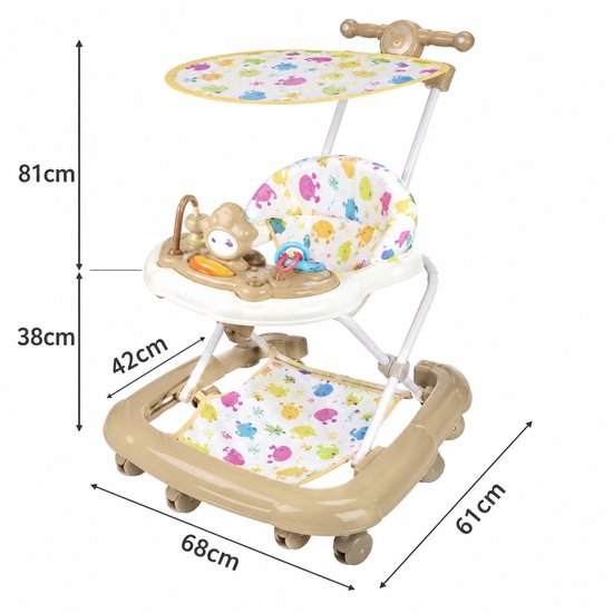 CreateEcom Loopwagen - baby walker - 3-in-1 loopstoeltje - opvouwbare loopstoeltje - met luifel - loopstoeltje vanaf 6 maanden - met 360 ° Wielen - voerbak en speelcentrum - Khaki — afbeelding 5