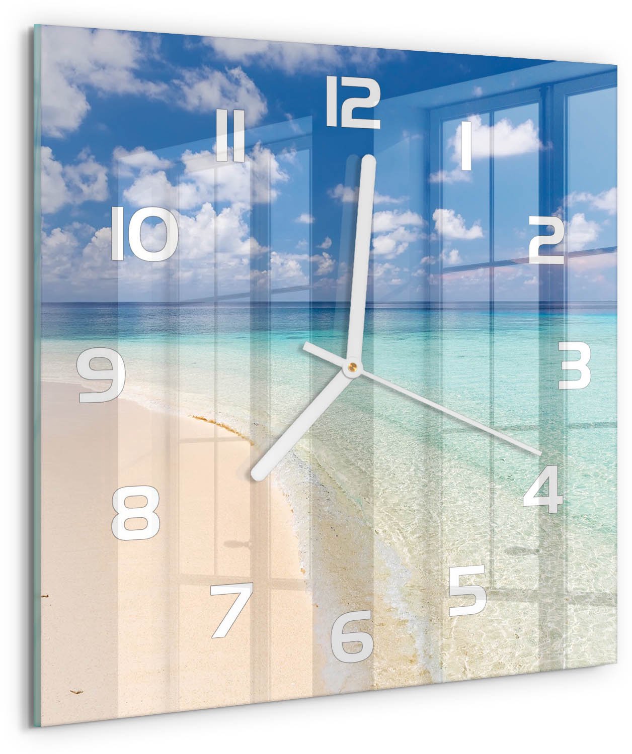 Tulup Wandklok - Strand op de Malediven Glazen Wandklok Design - 30x30 cm - Blauw Klok Glas Met Opdruk - Witte handen - Vierkante Klok - Wandklok Glas Met Motief - Decoratieve Glazen Klok