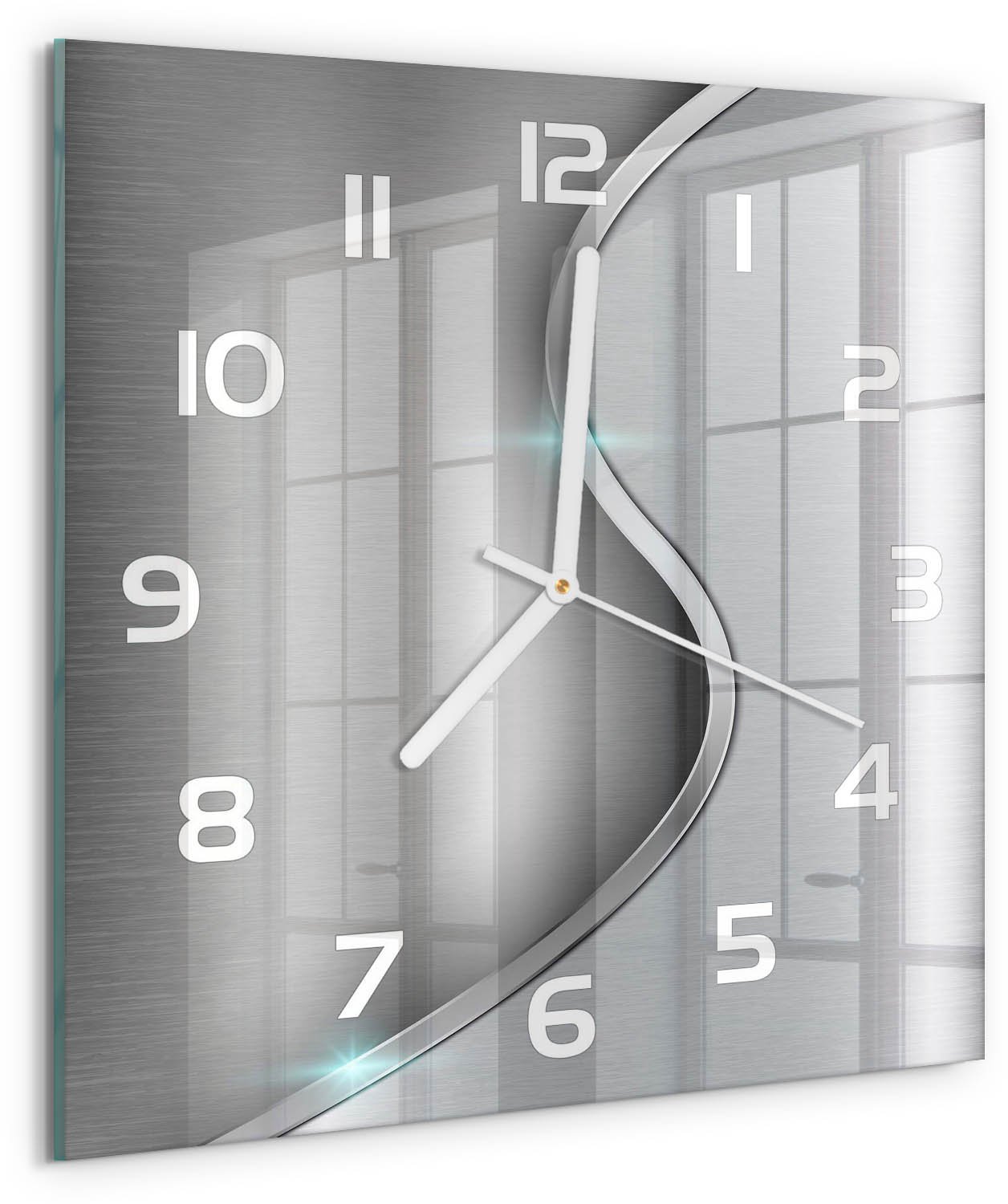 TULUP Wandklok - Metaalabstractie Glazen Klok Met Print - 30x30 cm - Zilver Wandklok Glas Met Motief - Witte handen - Vierkante Klok - Wandklok Glas Decoratie - Gekleurde Glazen Klok